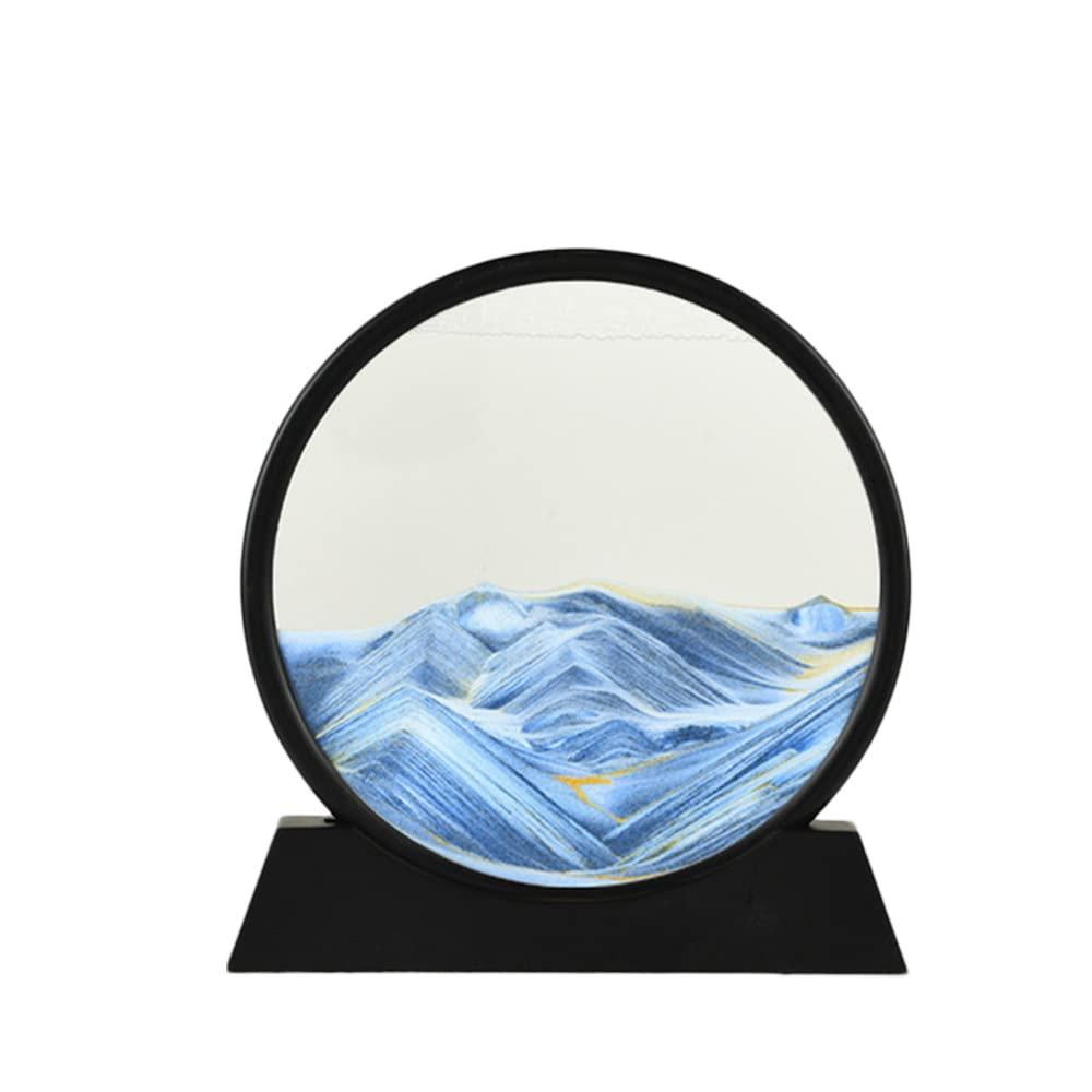 PTGMH PTGMH Liquid Motion Sandscape Picture Flowing Sand Art with Solid Wood Base Perpetual Motion Desktop Moving Sand Art Decor Therapy Office Decor Gifts with Packing Box (Blue with Plastic Base (7\"))
