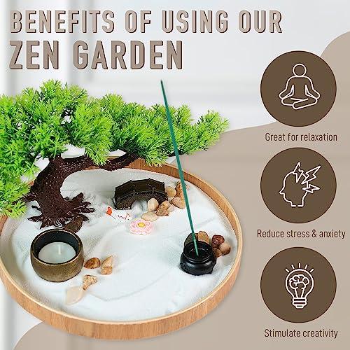 Timani Japanese Zen Garden for Desk - Zen Garden Sand Kit, Artificial Bonsai Tree, Rakes & Accessories - Japanese Decor Office Home Desktop Relaxation Sandbox Decor. 9.5\" Inches Wooden Round Tray