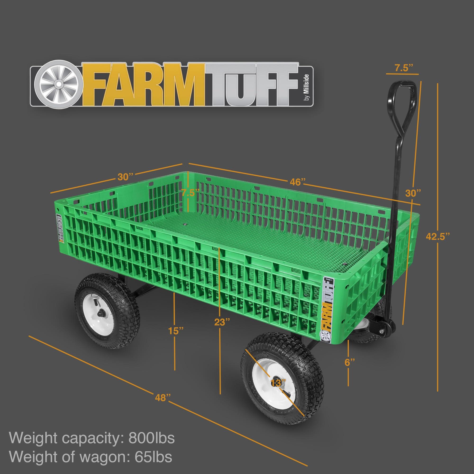 Farm Tuff Farm Tuff Durable Plastic Crate Garden Wagon Utility Cart with Pneumatic Tires for Outdoor Hauling, Green, 30\" x 46\"