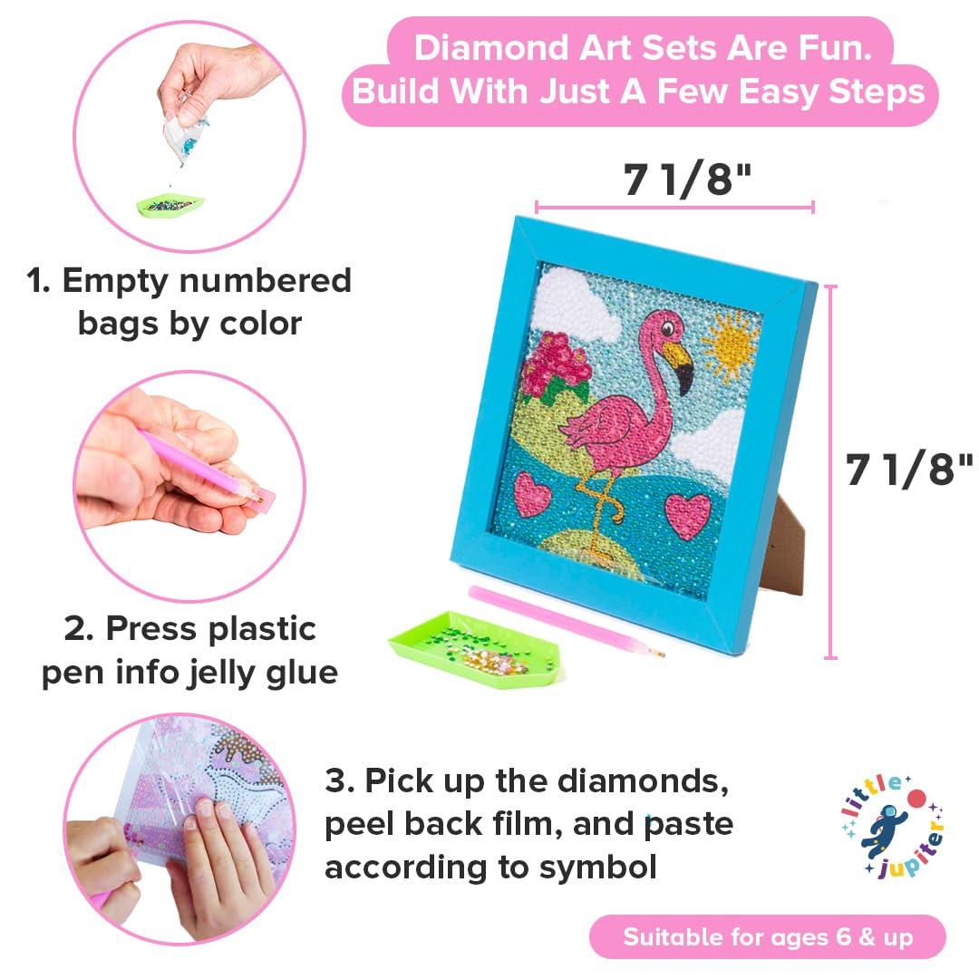 Little Jupiter Little Jupiter Diamond Art Kits for Kids w/ 7 1/8\" x 7 1/8\" Frame - Kids Diamond Art - Kids Diamond Painting Kits - Kids Diamond Art Kits - Diamond Art Kit for Kids - Gem Art Kit (Flamingo Blue Frame)