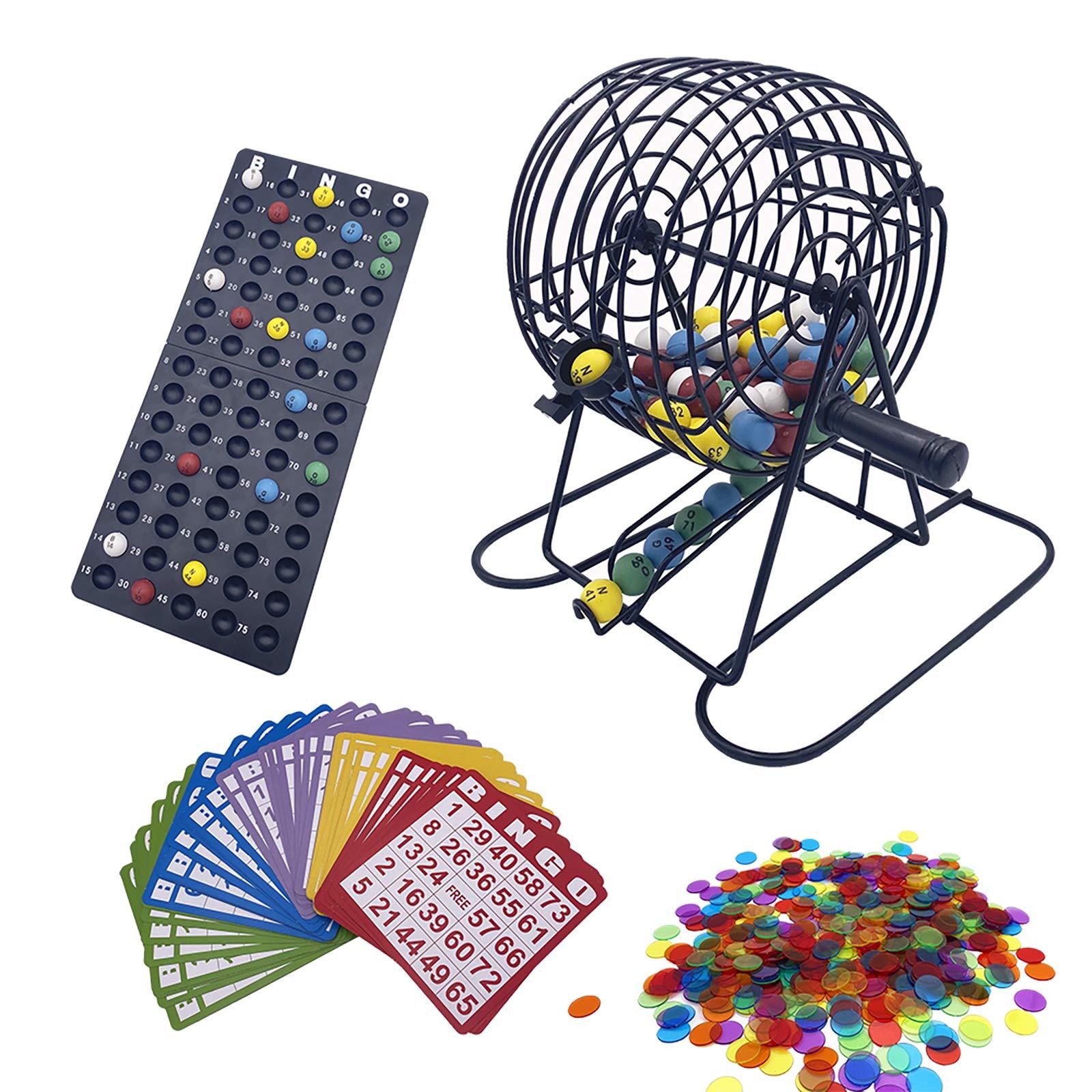 JUNWRROW JUNWRROW Deluxe Bingo Game Set with 6 Inch Cage, Master Board,75 Colored Balls a Bag, 50 Cards, and 500 Color Mix Chips Ideal for Large Groups