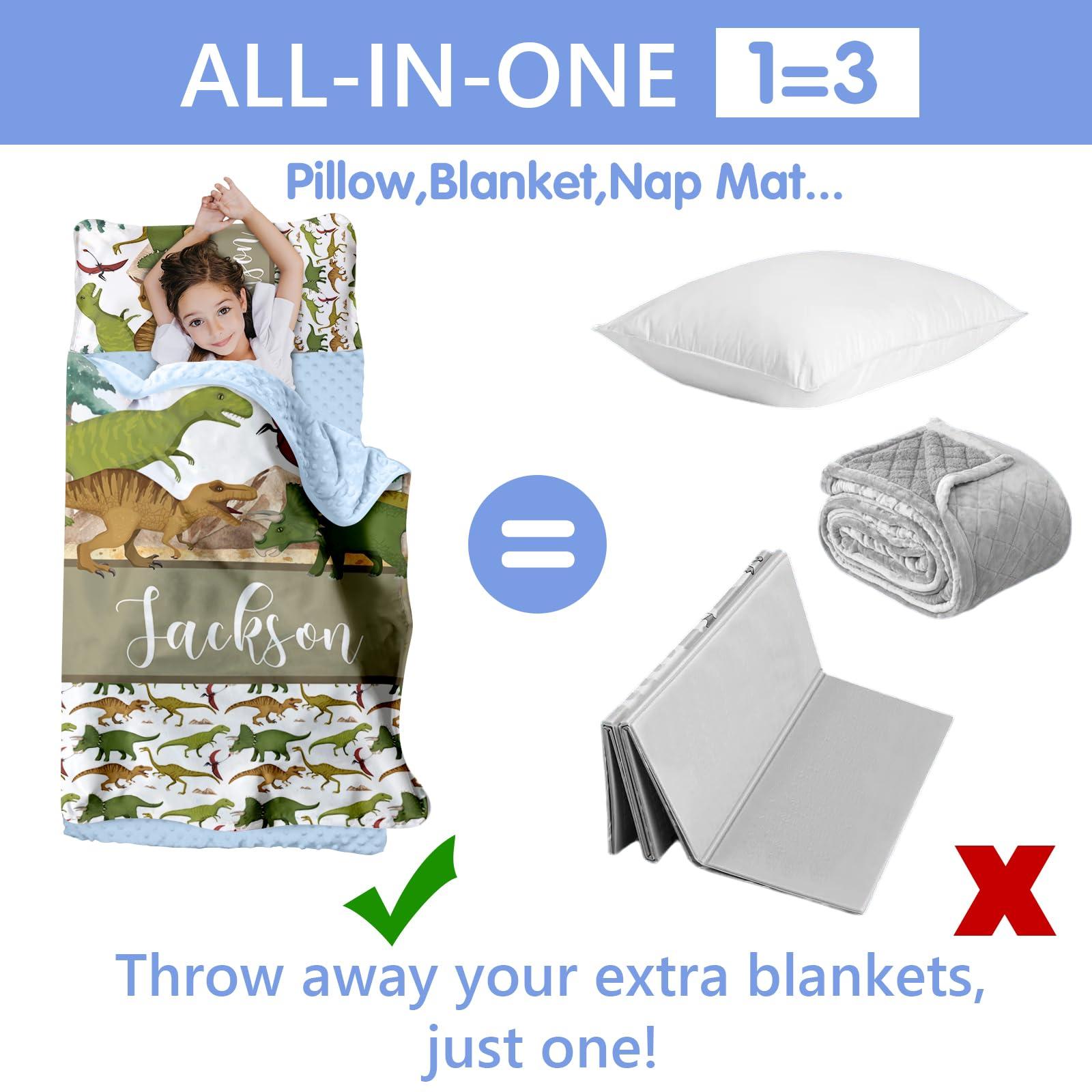 Kotagi Personalized Toddler Nap Mat for Daycare Cot Bedding, Custom Baby Name Sleeping Bag for Preschool Kindergarten, Brown Dinosaurs Portable Nap Mats with Pillow Blanket for Kids Children Boy