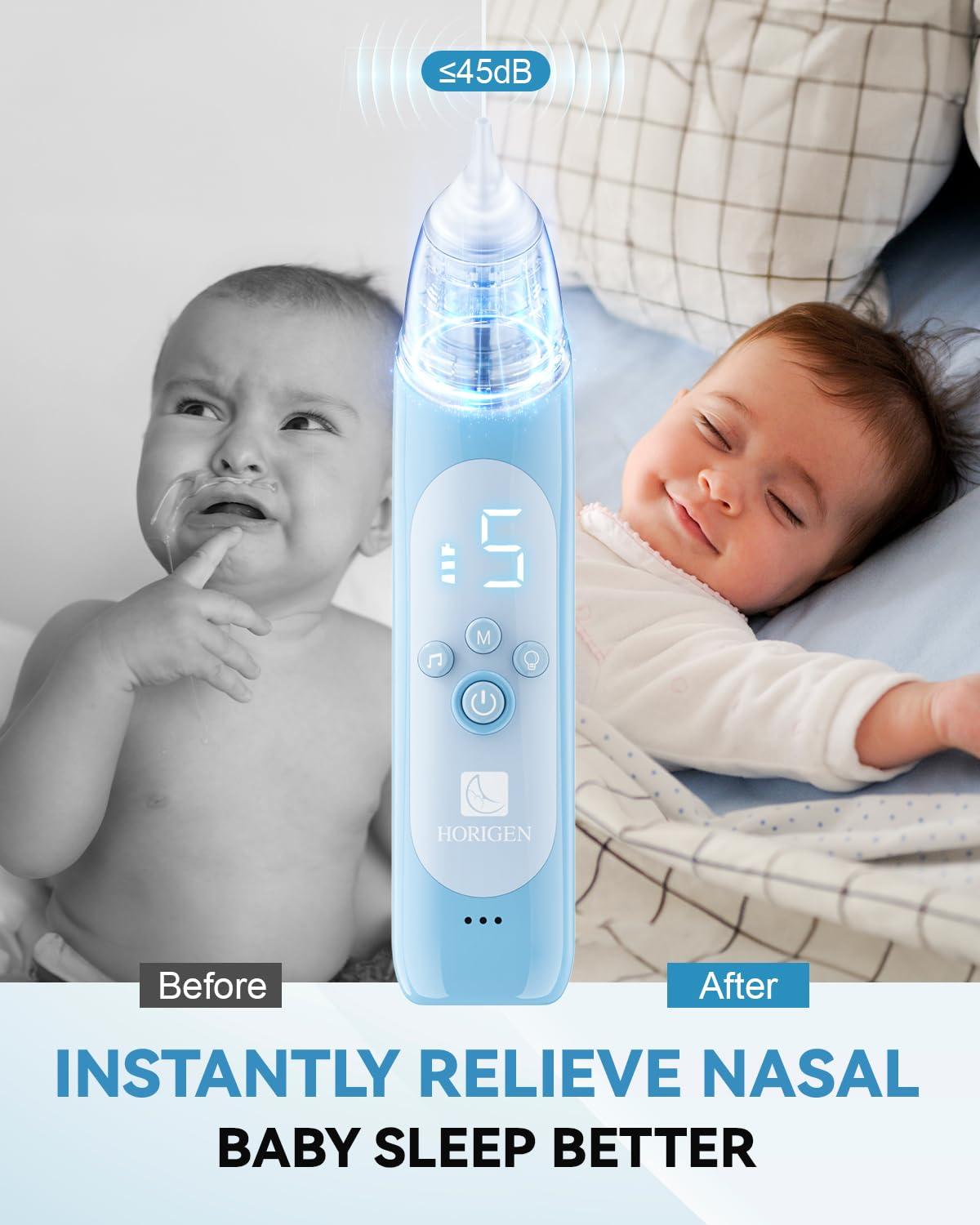 HORIGEN Nasal Aspirator for Baby, Electric Baby Nose Suction with 5 Adjustable Levels Suction, USB-C Rechargeable Mucus Cleaner with Lights and Music, Baby Nasal Aspirator for Toddler with 3 Silicone Tip