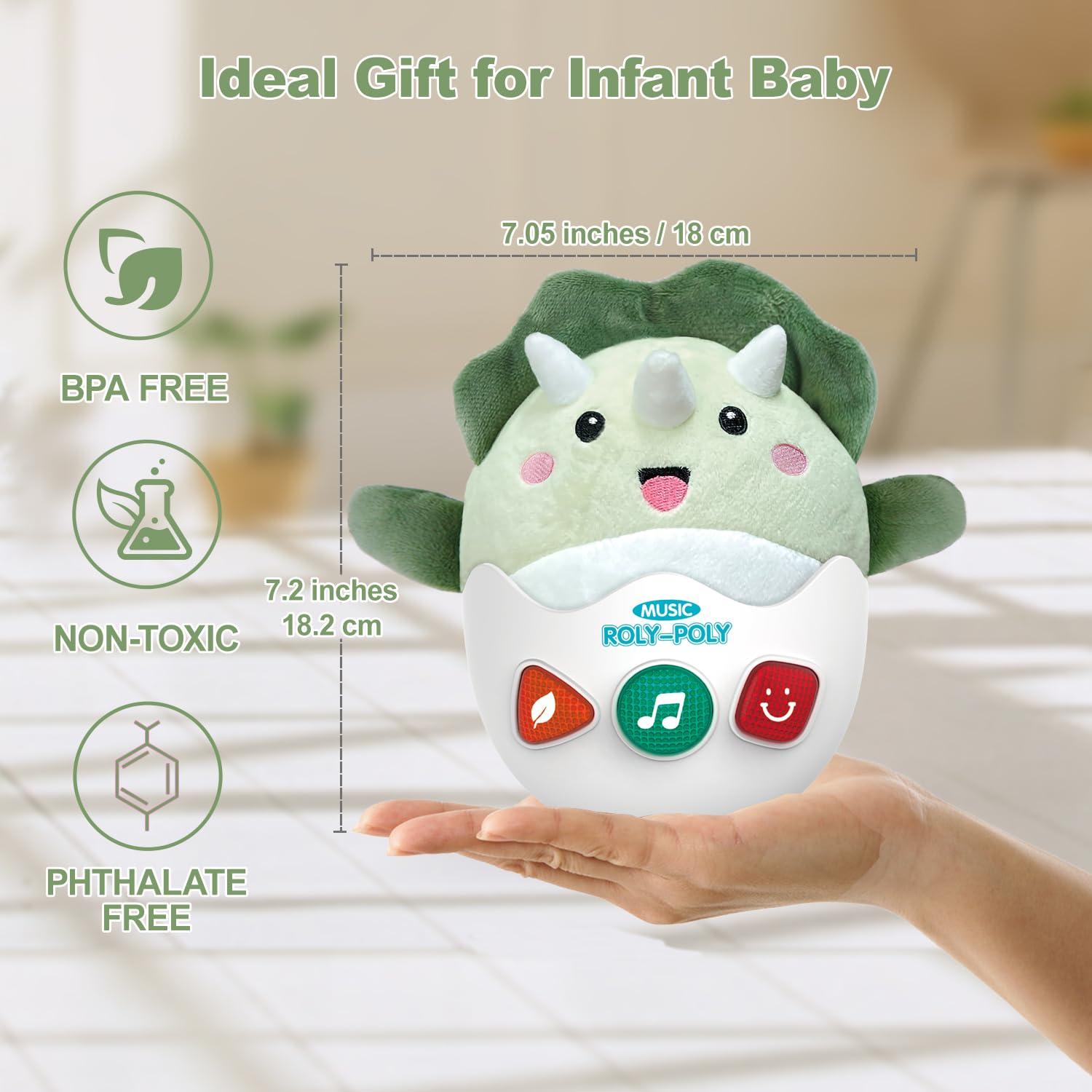 WOWOHAGE WOWOHAGE Baby Dinosaur Toys 0-3-6-12 Months, Musical Infant Toys with Light & Sounds, Soft Plush Stuffed Animal, Newborn Boys Girl 1st Birthday Shower Gift Basket Stuff, Roly-Poly Sensory Tummy Toy
