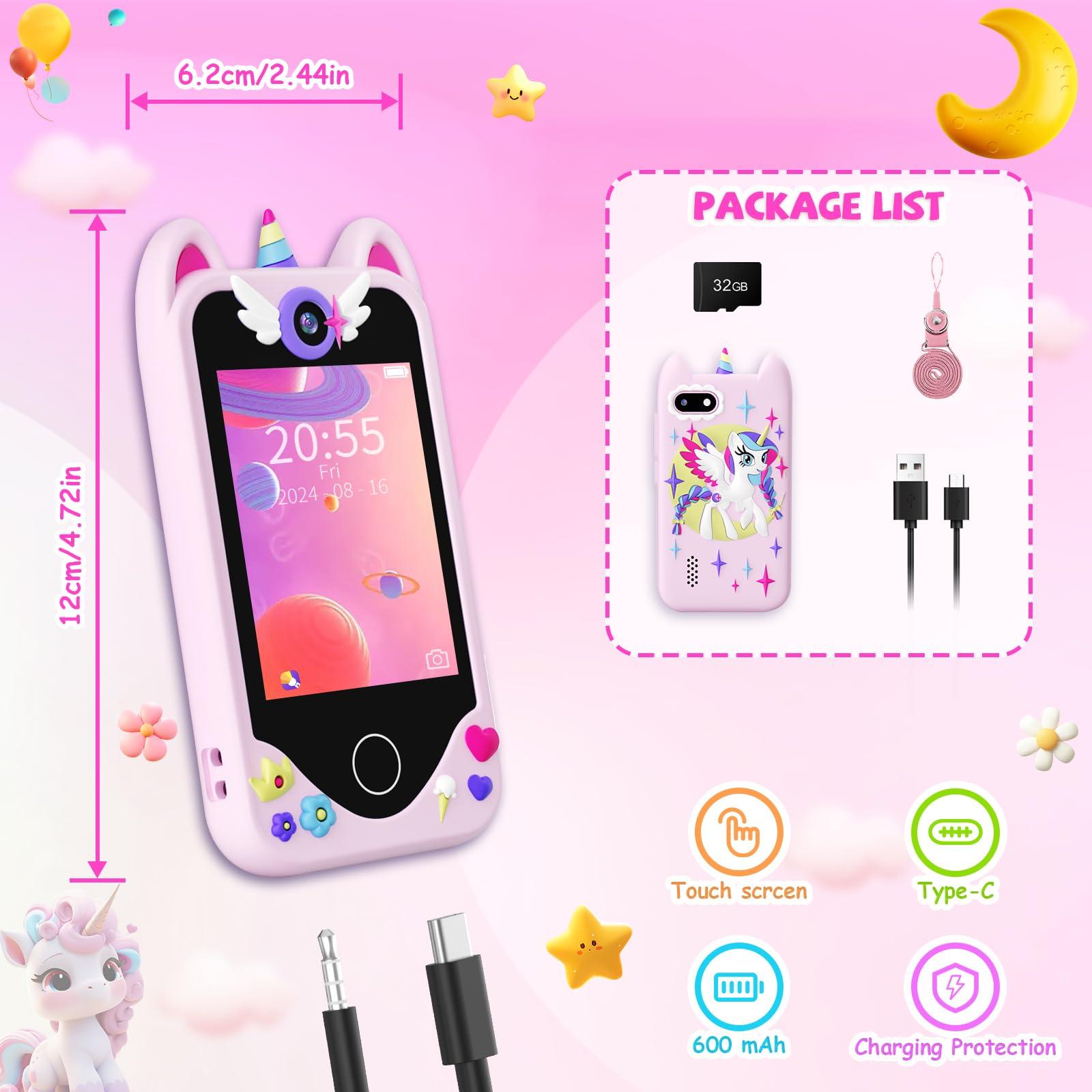 Yosfeng Kids Smart Phone for Girls Gifts - Toddler Christmas Birthday Gift for Age 3 4 5 6 Year Old, Kids Cell Phone Toy with Touchscreen, Dual Cameras, Learning, Music Player, Games with 32 GB Card