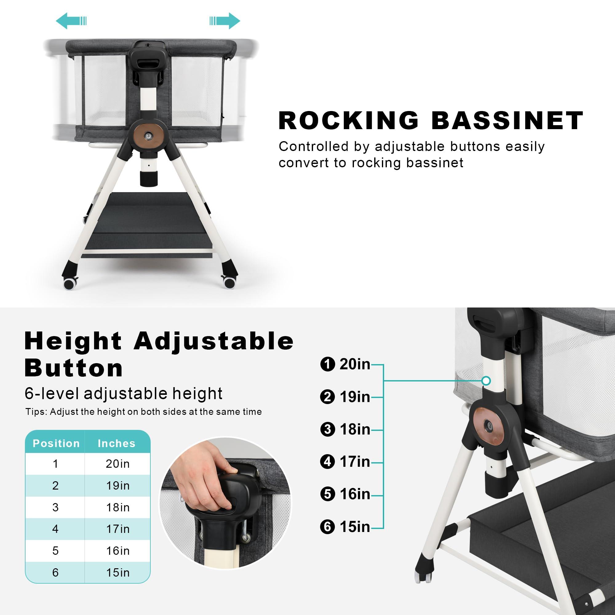 VOOI VOOI Baby Bassinet Bedside Sleeper, 3 in 1 Rocking Bassinet for Baby, Bassinet Bedside Sleeper with Wheels, Adjustable Height, Storage Basket, Mattress & Canopy, Bed Side Bassinet for Newborn