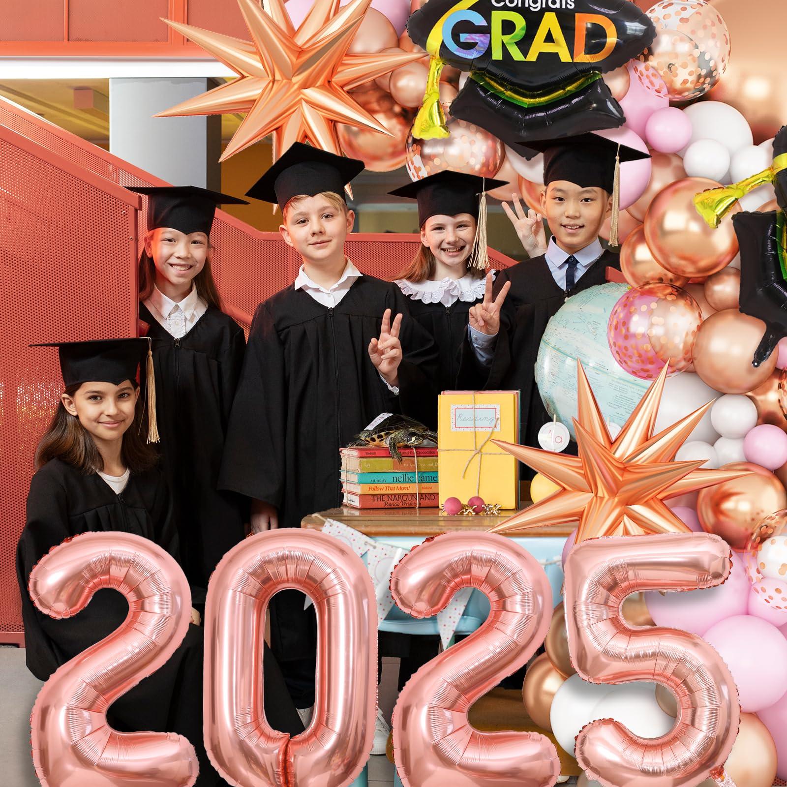 GRESATEK Graduation Balloons Garland Arch Kit, Graduation Balloons Class of 2025, Rose Gold and Pastel Pink White Balloons with Graduation Class Foil Balloons for 2025 Graduation Party Decor