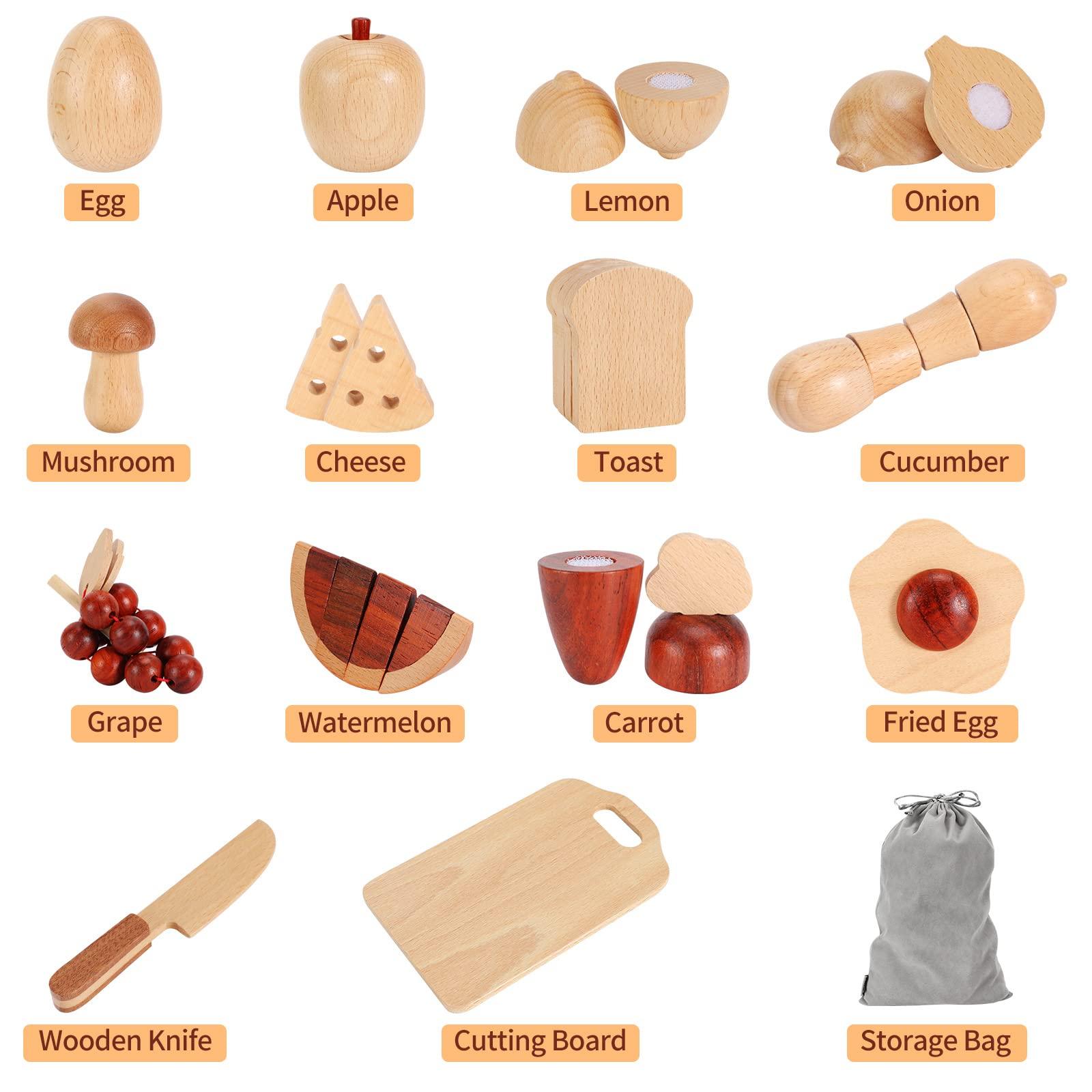 WHOHOLL WHOHOLL Wooden Play Food, Toddler Cutting Play Food Sets for Kids Kitchen, Velcro Fake Food Fruit Toys for Pretend Play Kitchen, Montessori Toy Kitchen Accessories for Girls Boys Gifts
