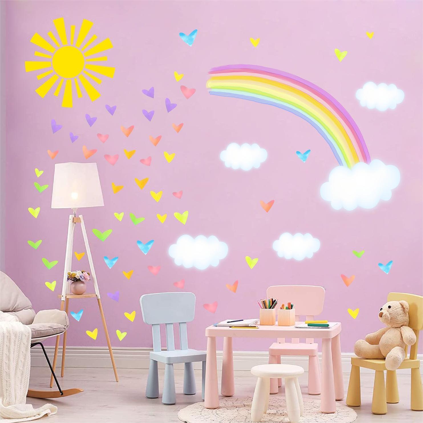 IKEYU IKEYU Colorful Rainbow Wall Stickers Sun Clouds Wall Decals Watercolor Heart Wall Stickers Large Rainbow Wall Decals for Kids Room Nursery Girls Bedroom Decor