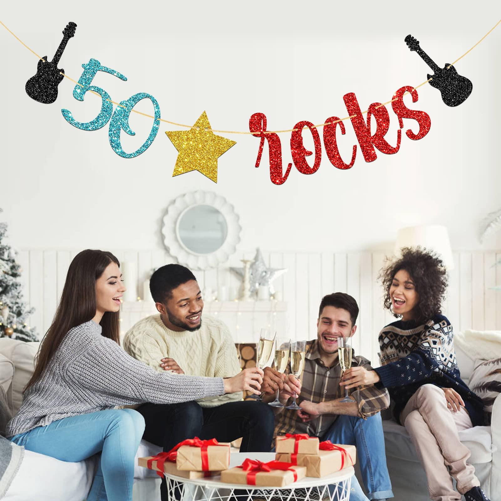 WeBenison WeBenison 50 Rocks Birthday Banner Rock and Roll Music Theme 50th Birthday Banner / 50\'s Rock Guitar Birthday Party Decorations Glitter (50)