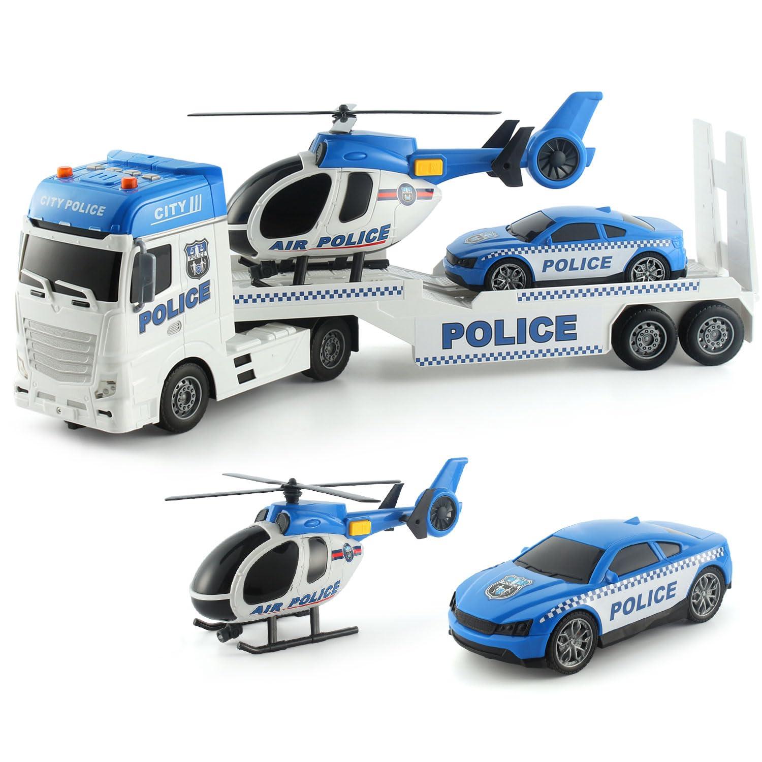 CSDCSD CSDCSD 25.6\'\' Large Police Car Toy and Semi Truck Toy with Racing Car and Helicopter - Police Toys,Birthday Gifts for Kids Child 3 4 5 6 Years Old