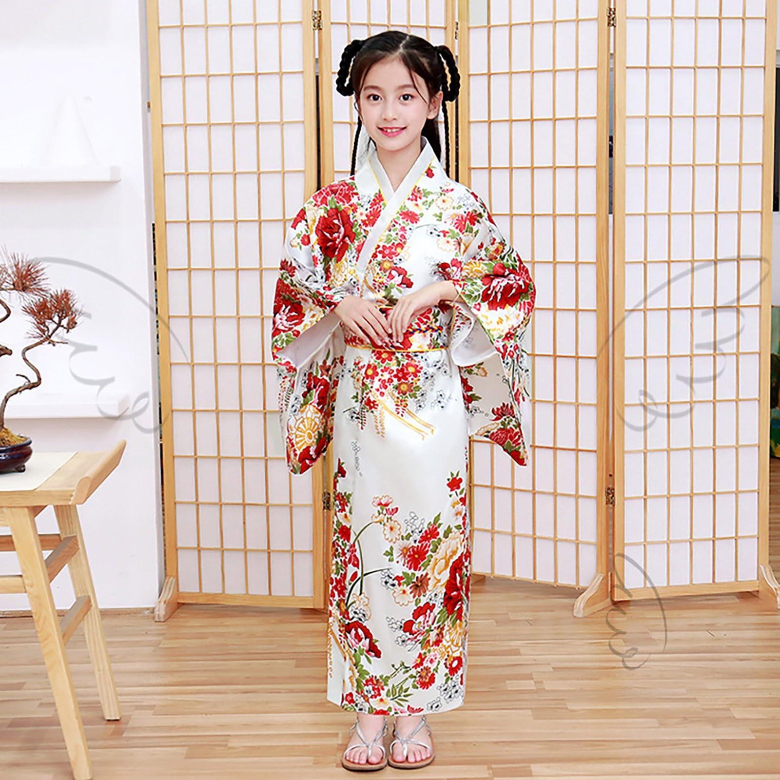 KAGAYD Japanese Traditional Robe Girls Halloween Costum Kids Kimono Outfits Loose Fit Dresses for Girls (White, 9-10 Years)