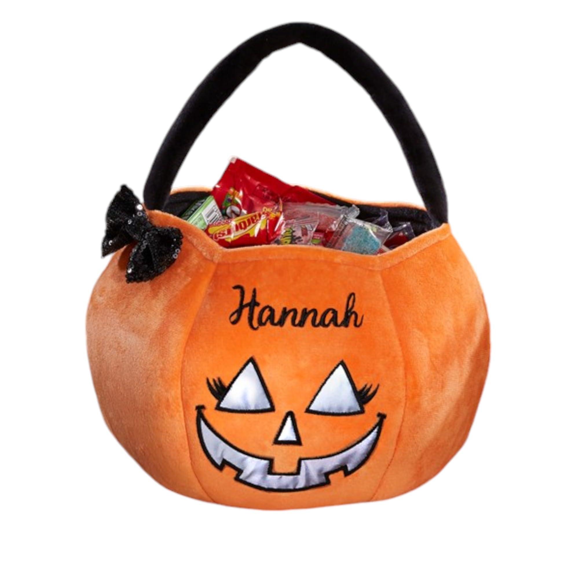 Personalization Universe Personalization Universe Cheerful Pumpkin Embroidered Reflective Girl Halloween Treat Bag - Customizable Name, Multiple Thread Colors/Fonts Personalized Trick or Treat - 8" W x 7.5" H, 100% Polyester