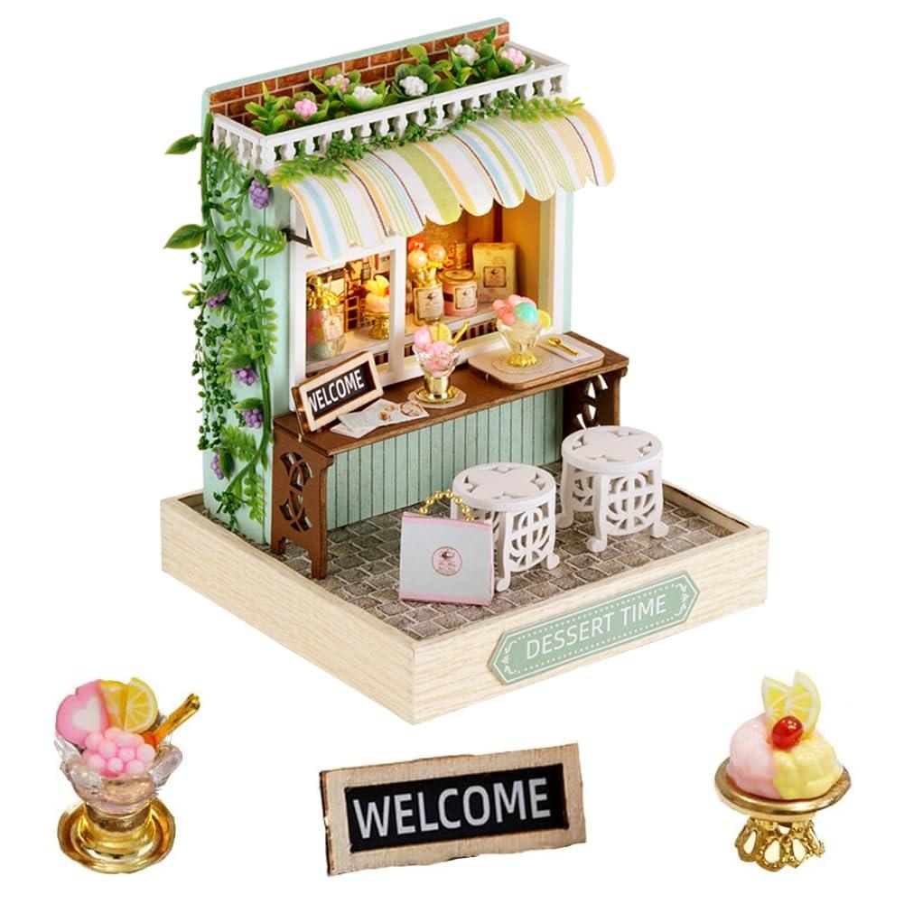 Generic Generic DIY Miniature Dollhouse Kit Wooden Dolls House with LED Dust CoverCreative Room Mini House Building Kit for Birthday Gift (Dessert time)
