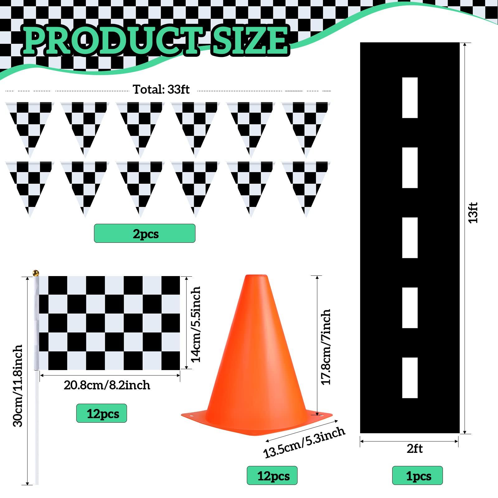 Woanger 78 Pcs Race Car Birthday Party Decor Include 46 Traffic Light Balloons, 12 Traffic Cones, 12 Checkered Flag, 2 Pennant Banner, 2 Tire Swimming Ring, 1 Track Running Mat, and 3 Assembly Accessories