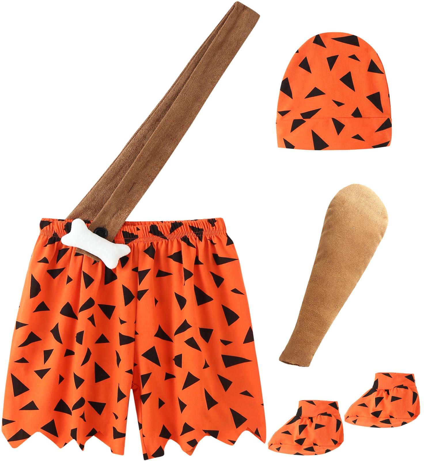 qnprt Family Halloween Costumes with Baby 2024 Flintstones Bambam Toddler Mommy and Me Newborn Boy Kids Outfit,6-12 Months Orange
