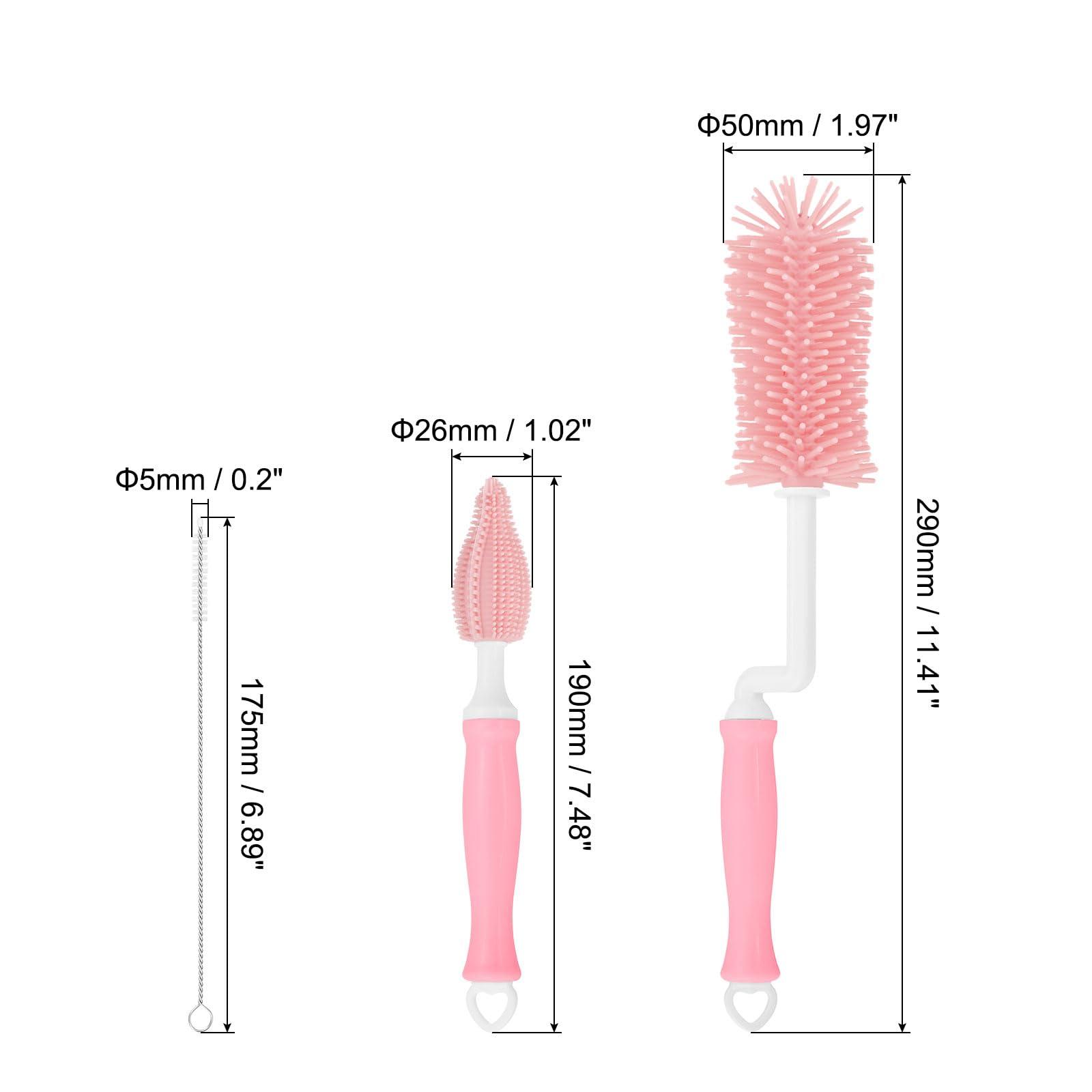 uxcell uxcell 3 in 1 Silicone Bottle Cleaning Brushes, 360 Degree Rotation Long Curved Handle Water Bottles Cleaner Kits, Straw Cleaning Brushes for Milk Bottles, Cups (Pink)
