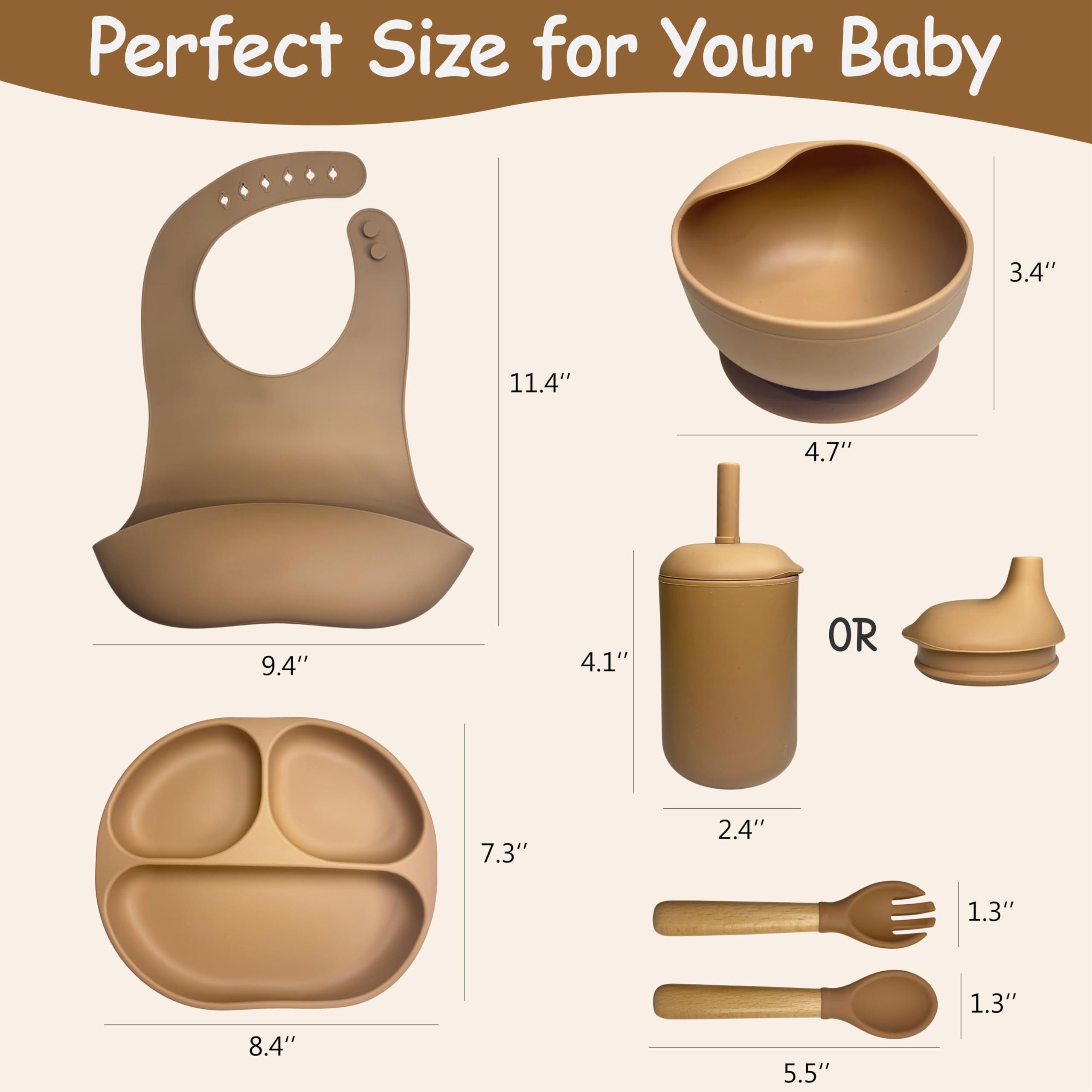 ToysCentral Basics Personalized Silicone Baby Weaning Set,Custom Weaning Set for Toddler,Baby Feeding SetSuction Plate Bowl Set, Self Feeding Spoons, Bib, Cup, Baby Led Weaning Supplies (Brown)