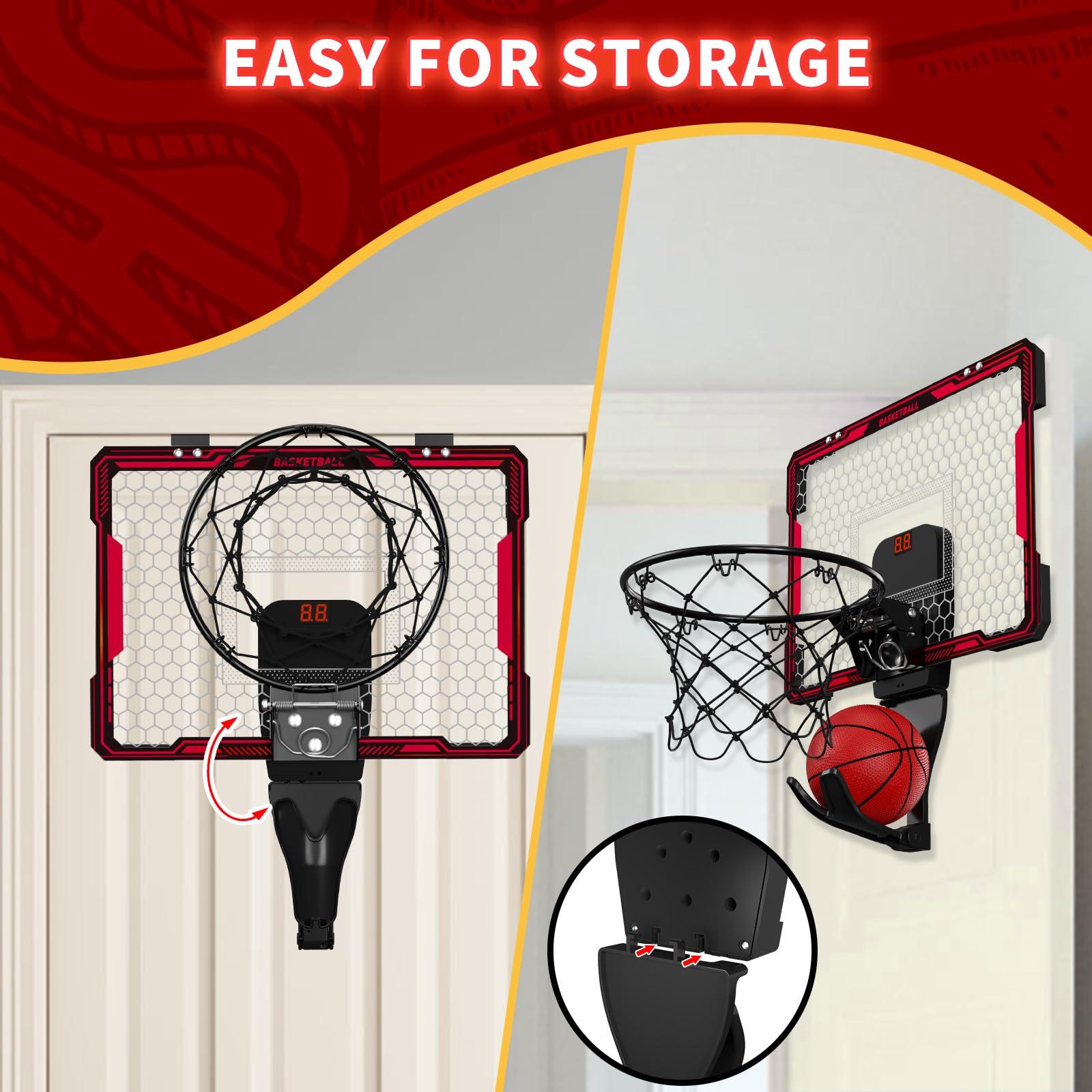 HYES HYES Remote Control Basketball Hoop Indoor with 7 LED Lighting, Mini Basketball Hoop with Electronic Scoreboard, 3 Modes, Over Door Basketball Hoop, Basketball Toys Gift for Kids, Adults (Red)