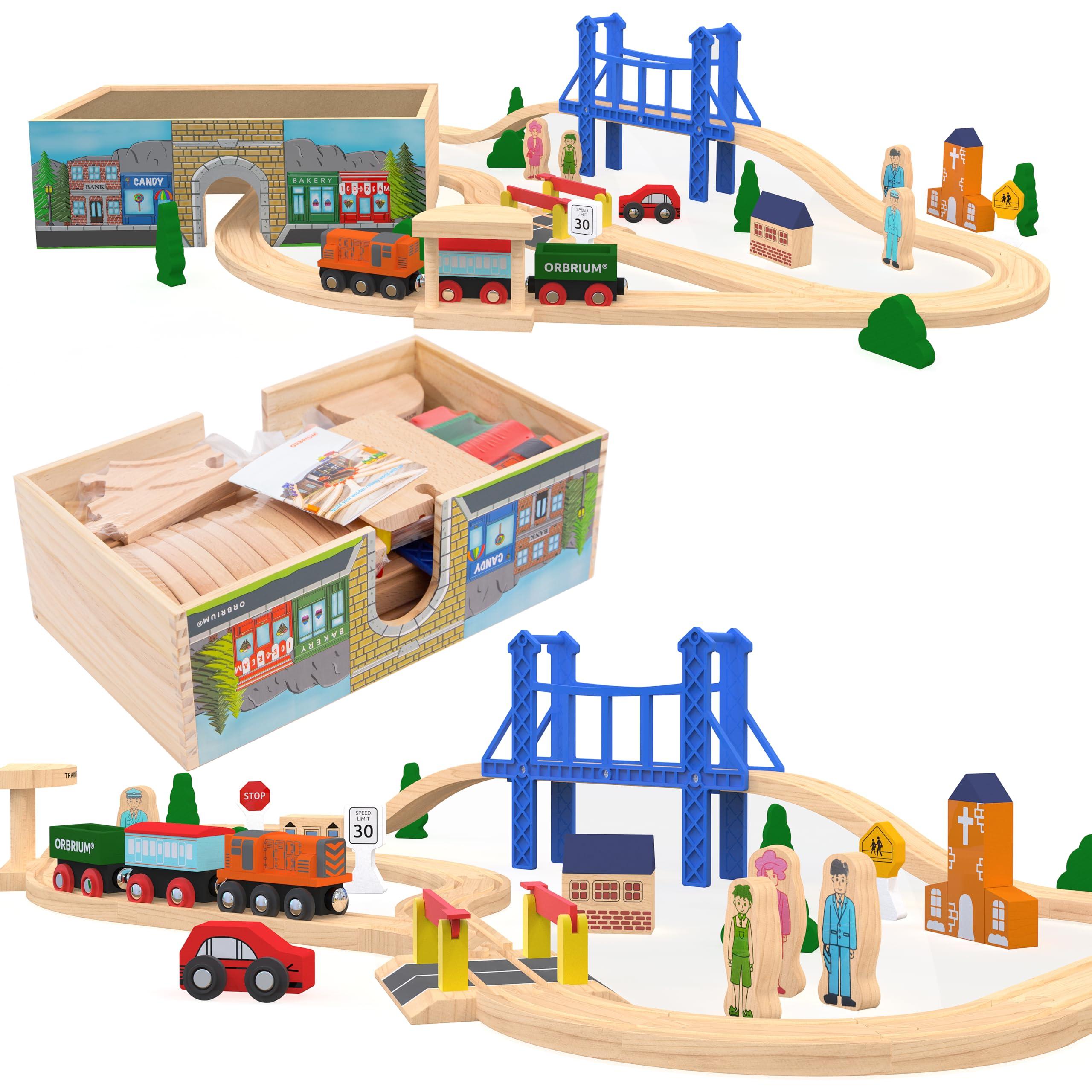 Orbrium ORBRIUM 52 Pcs Deluxe Wooden Train Set with Wooden Storage Box Tunnel Compatible with Thomas, Brio, Melissa (Wooden Box - 52 Pcs Train Set)