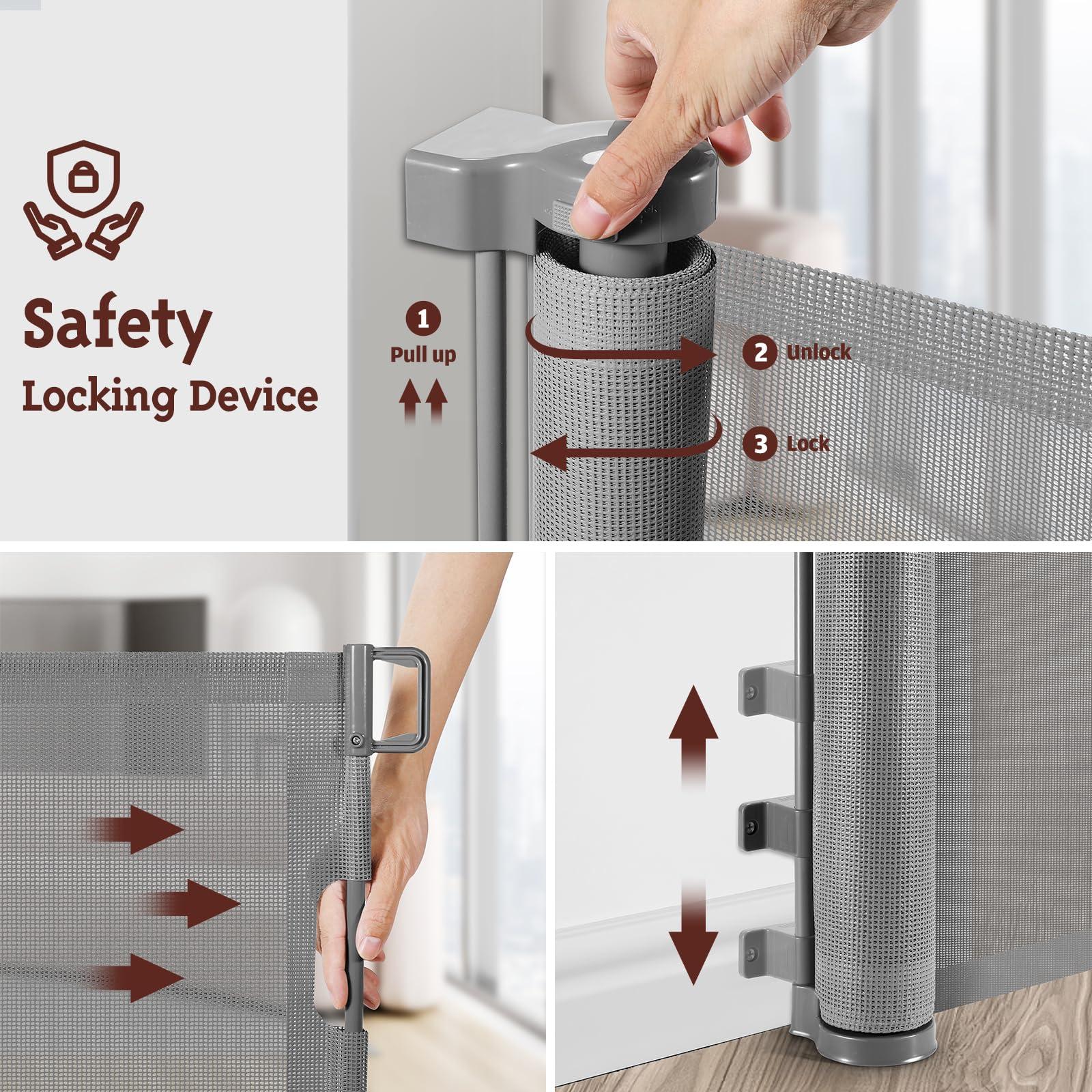 KISKIZ 160 Inch Retractable Baby Gates for Extra Wide Openings Retractable Dog Gate Indoor Outdoor Retractable Gate Extra Long Baby Gate Extra Large Dog Gate for Doorways, Porches Garage Gate Deck Gate, Gray