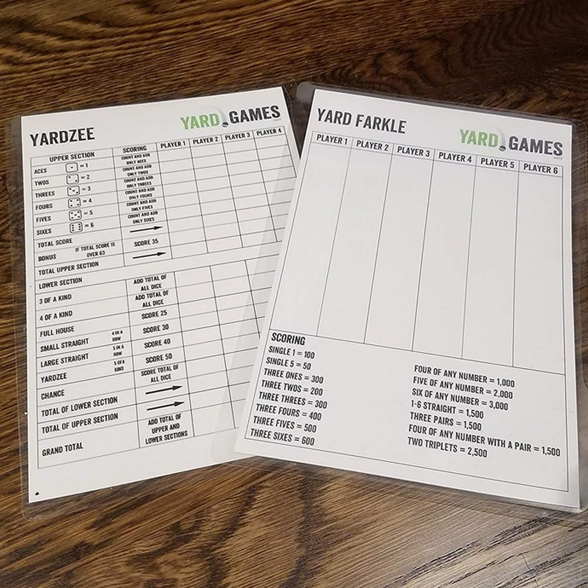 Yard Games Giant 3.5" Wooden Yard Dice with Laminated Yardzee and Farkle Scoresheets and Durable Carrying Case