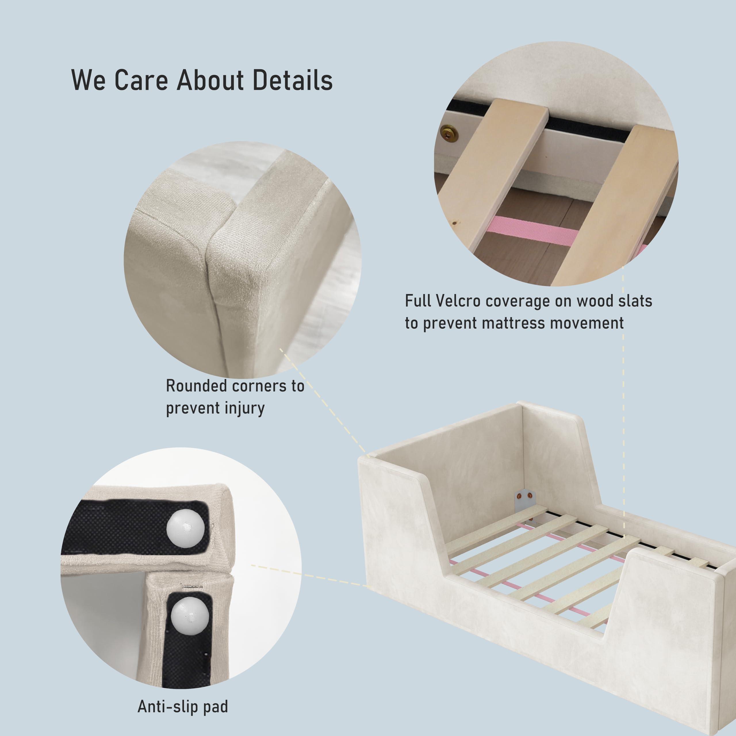 allamazing Toddler Bed, Toddler Floor Bed Frame with Guard Rails, Kids Bed for Ages 2-6 Years, Small Bed for Kids Girls and Boys, Standard Crib Mattress Toddler Beds, Certified Fabric Beds