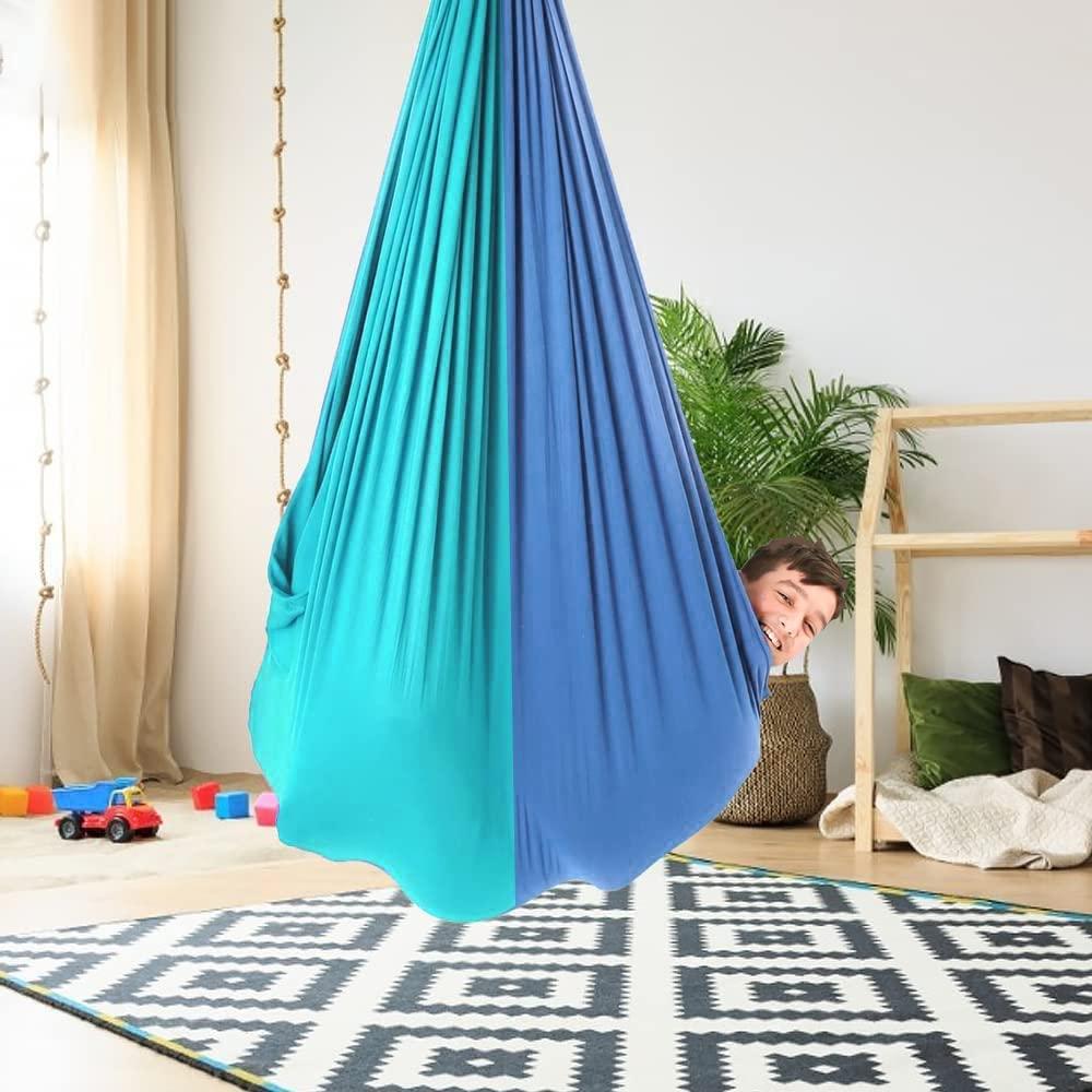 BSFHQS Sensory Swing For Kids 360 Swivel Sensory Child Therapy Swings Double Layer Strong Soft Nylon Elastic Outdoor Indoor Cuddle Swing Hammock Has A Calming Relaxing Effect For Children ( Color : Lake Gre