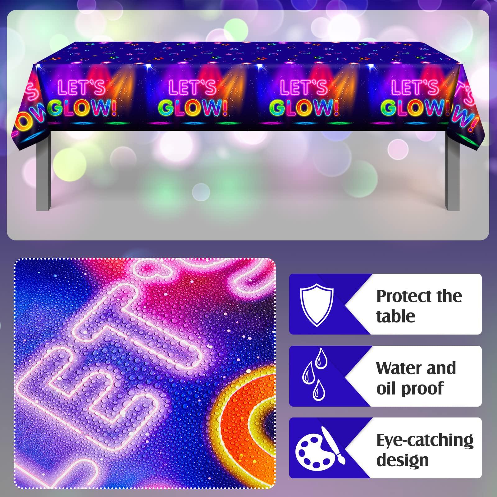 Tegeme Tegeme 4 Pieces Glow Tablecloth 86 x 51 Inch Glow in The Dark Tablecloth Disposable Tablecloths for Glow Theme Neon Party Black Light Party Supplies