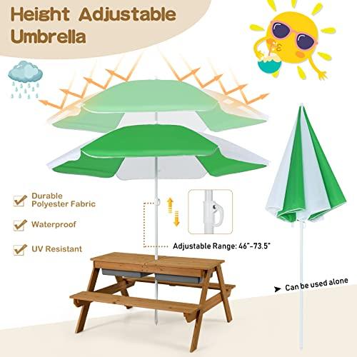 Costzon Costzon Kids Picnic Table, 3 in 1 Sand & Water Table w/Height Adjustable Umbrella, Removable Tabletop, Children Outdoor Toy Playset w/2 Play Boxes, Wooden Convertible Activity Play Table