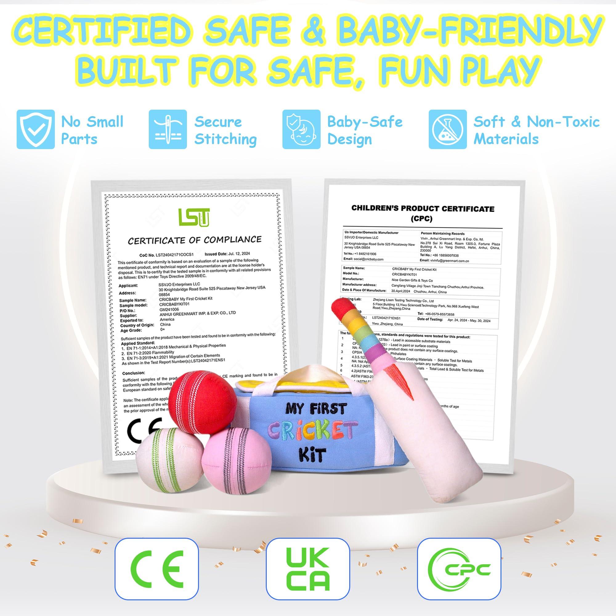 CRICBABY CRICBABY My First Cricket Kit | Organic Soft Plush Toy | Gift Baby and Infant 0-2 Years | 3 Soft Sensory Cricket Balls-Rattle, Crinkle, Squeaker & 1 Rainbow Rattle Cricket Bat | Safe, Fun, Educational