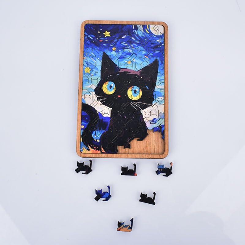 Yiduomile Yiduomile Nebula Night Cat Starry Night Cat Wooden Jigsaw Puzzle - Cat Pattern, Plywood Puzzle Toy, Challenging Intellectual Game, Art Home Decoration 6.61 * 4.4in