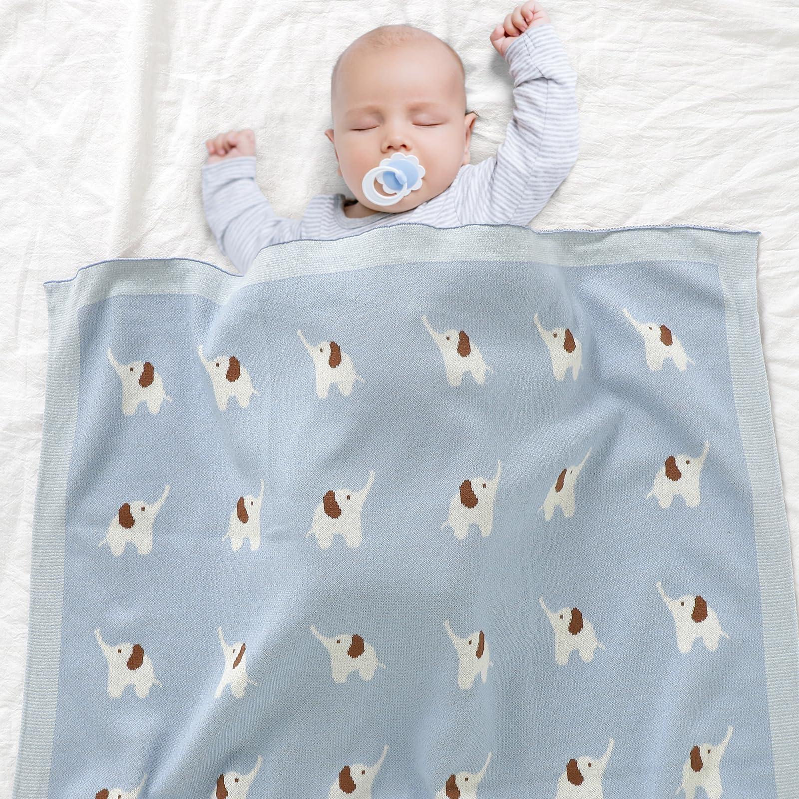 Hadetoto Hadetoto 100% Cotton Baby Blanket Knit Soft Cozy Swaddle Receiving Blankets Toddler Infant Blanket with Lovely Elephant for Newborn Boy Girls - Light Blue, 90 x 70cm