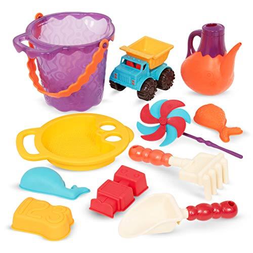 Branford LTD B. toys B. Ready Beach Bag Water Play- Beach Tote with Mesh Panel and 11 Funky Sand Toys 18 m+, Purple Bucket