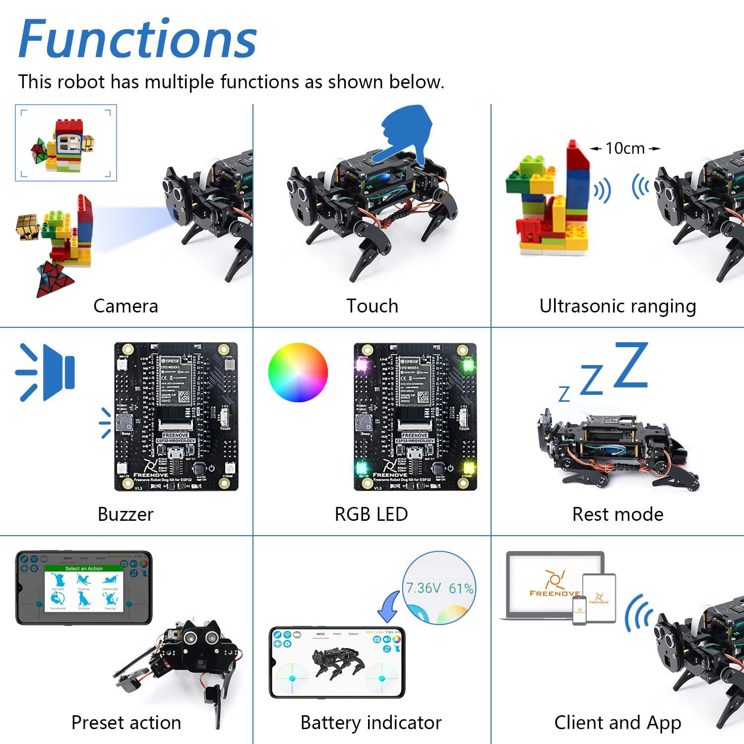 FREENOVE FREENOVE Robot Dog Kit for ESP32-WROVER CAM (Included), Dual-core 32-bit 240 MHz Microcontroller, Walking, Camera, Touch Sensor, Ultrasonic Ranging, Buzzer, RGB LED, Servo, App