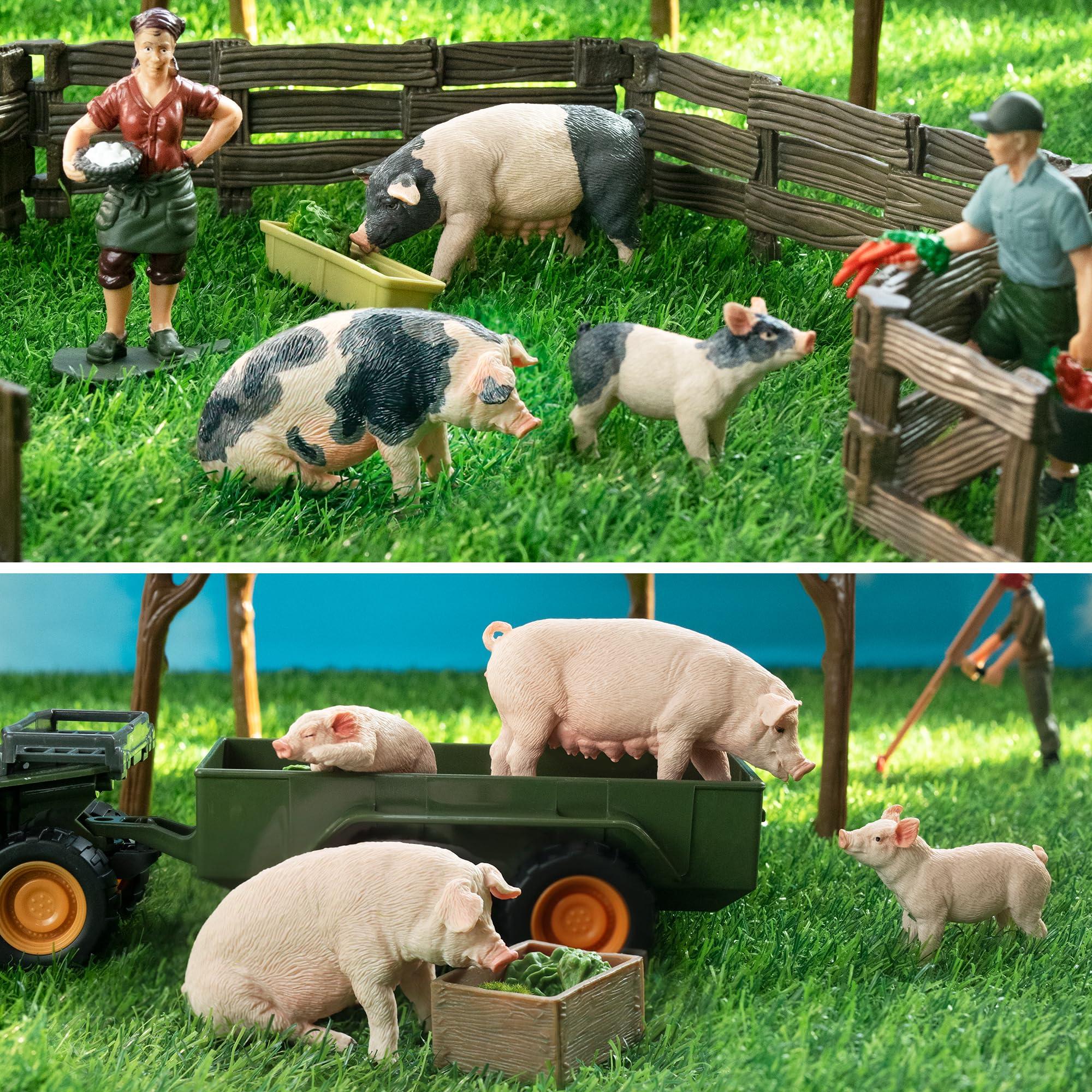 Toymany Toymany 28PCS Realistic Pig Figurines Set with Fence Toys, Plastic Farm Animals and Fencing Panel Accessories Playset, Birthday Christmas Toy Gift for Kids