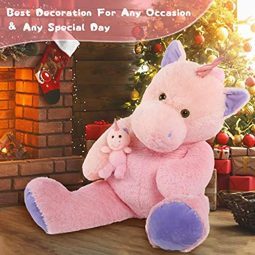 MorisMos MorisMos Giant Stuffed Unicorn 4 Foot, 51\'\' Giant Unicorn Stuffed Animal, 2-in-1 Big Stuffed Unicorn & Baby Unicorn Doll, Pink Unicorn Stuffed Animal for Girl Kid on Birthday Christmas Valentine\'s Day