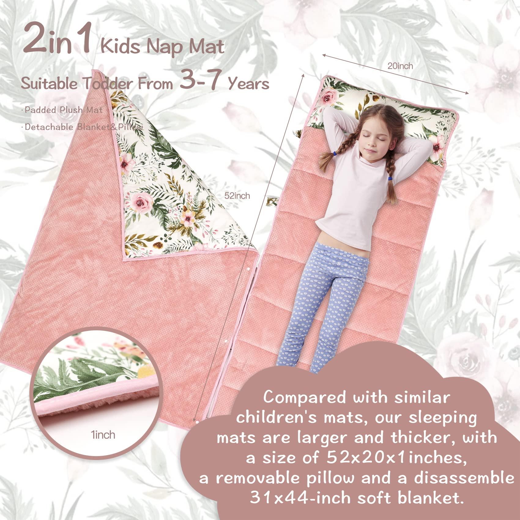 Ndahjahd Nap Mats for Preschool,Toddler Nap Mat with Removable Blanket and Pillow, Extra Large Rolled Napping Mats,Toddler Sleeping Bag,Kids Sleeping Bag for Daycare,Nap Mats for Daycare (Flower)