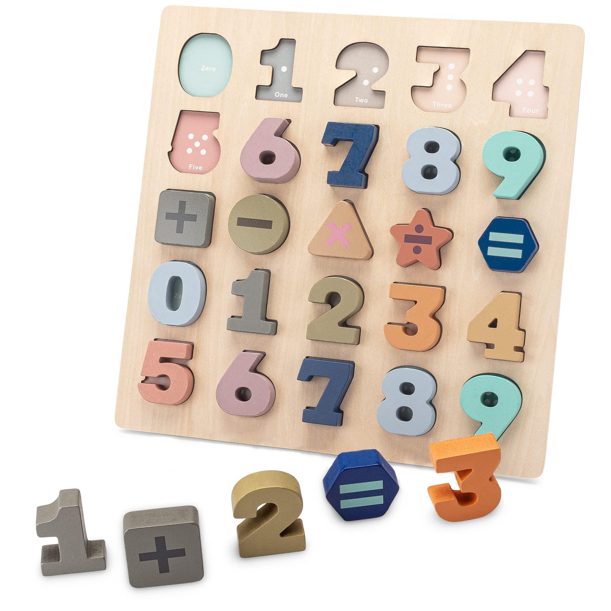 Frankly Awesome Products Wooden Puzzles for Toddlers 3-5 - 25pcs Puzzle by Number Kids w/Shapes & Math Symbols - Toddler Number Learning Toys to Develop Counting & Problem-Solving Skills - Number Puzzles for Kids Ages 3-5