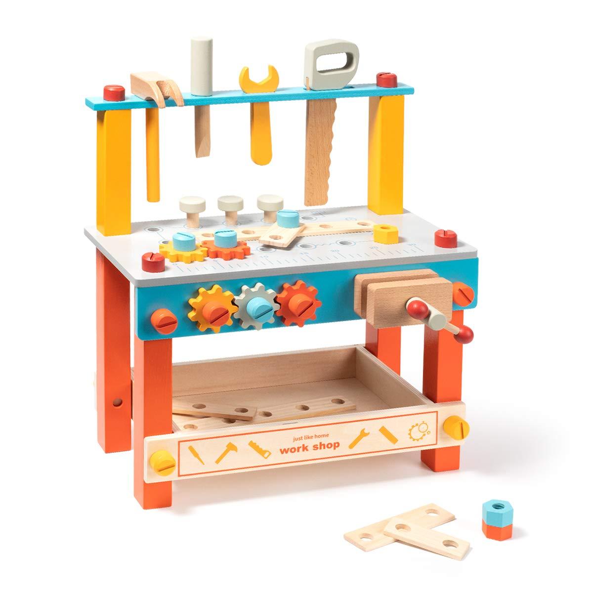 yoptote Mini Wooden Play Tool Workbench Set for Kids & Toddlers,Building Pretend-Play-Toys with Wrench,Screwdriver,Miter Saw and Hammer,Birthday for Boys Girls 3 Year Old and Up