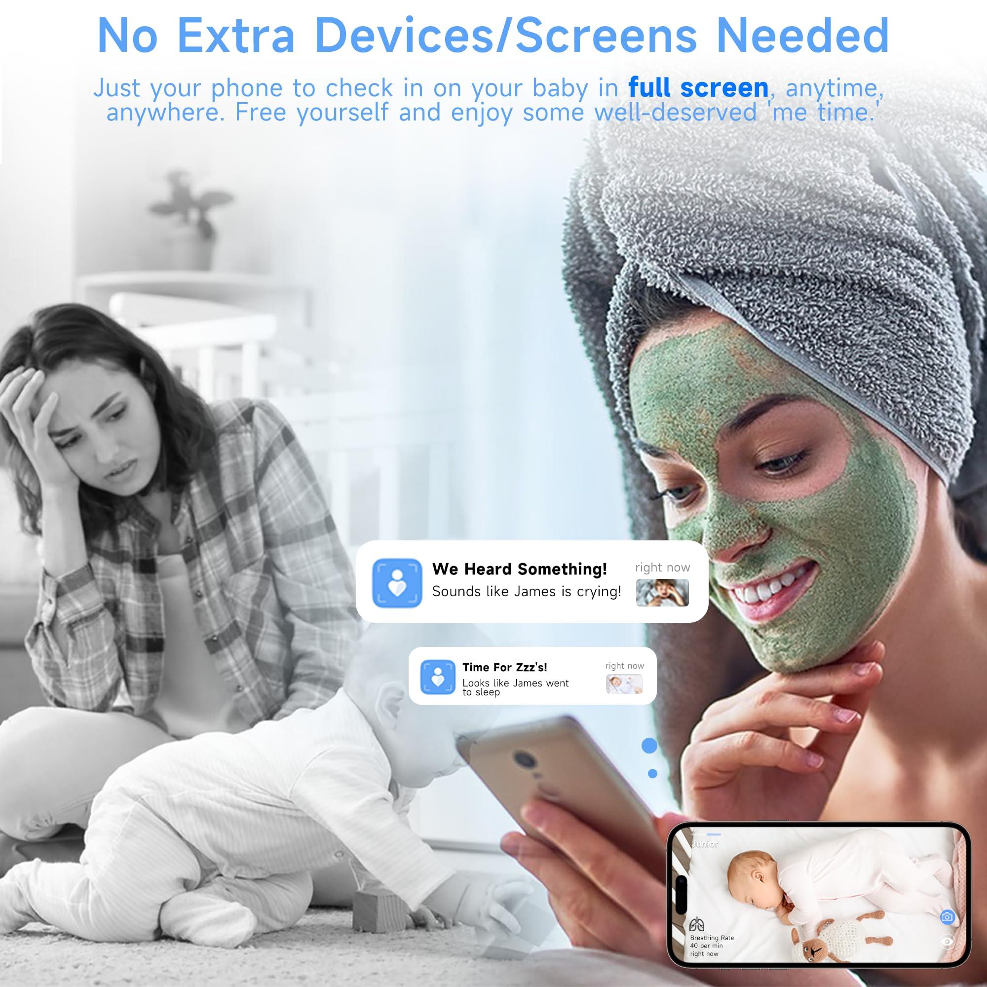 Rraycom Instababy Smart Baby Monitor with Floor Stand, 2K Crib Camera with AI Breathing Monitor, No Wearables WiFi Baby Camera, Night Vision, Baby Sleep Tracker, Cry & Motion Alerts, Diaper & Feeding Record