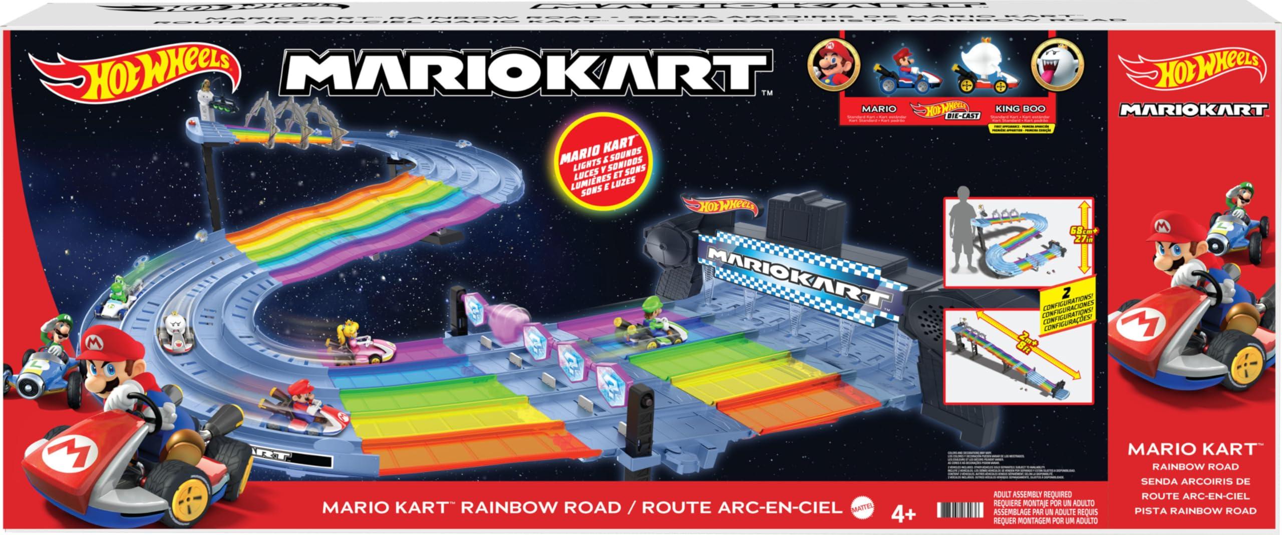 Hot Wheels Hot Wheels Mario Kart Rainbow Road Raceway 8-Foot Track Set with Lights & Sounds & 2 1:64 Scale Vehicles, Race with 5-Track Colorful Course with 2 Configurations