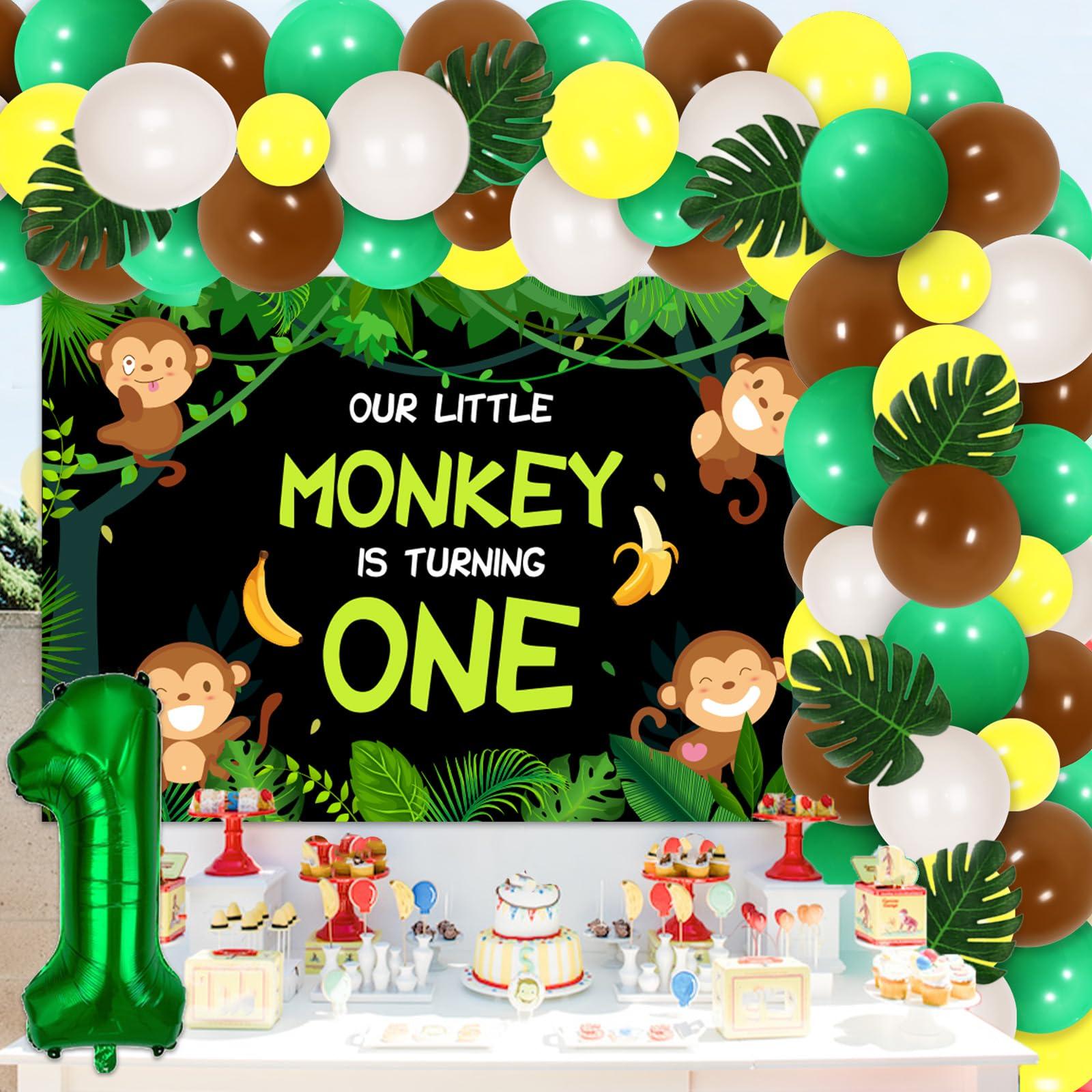 Funmemoir Monkey 1st Birthday Party Decorations - Our Little Monkey Is Turning One Backdrop, Jungle Safari Balloon Garland Arch Kit, Artificial Palm Leaves, Foil Balloons, Jungle Monkey Birthday Decorations