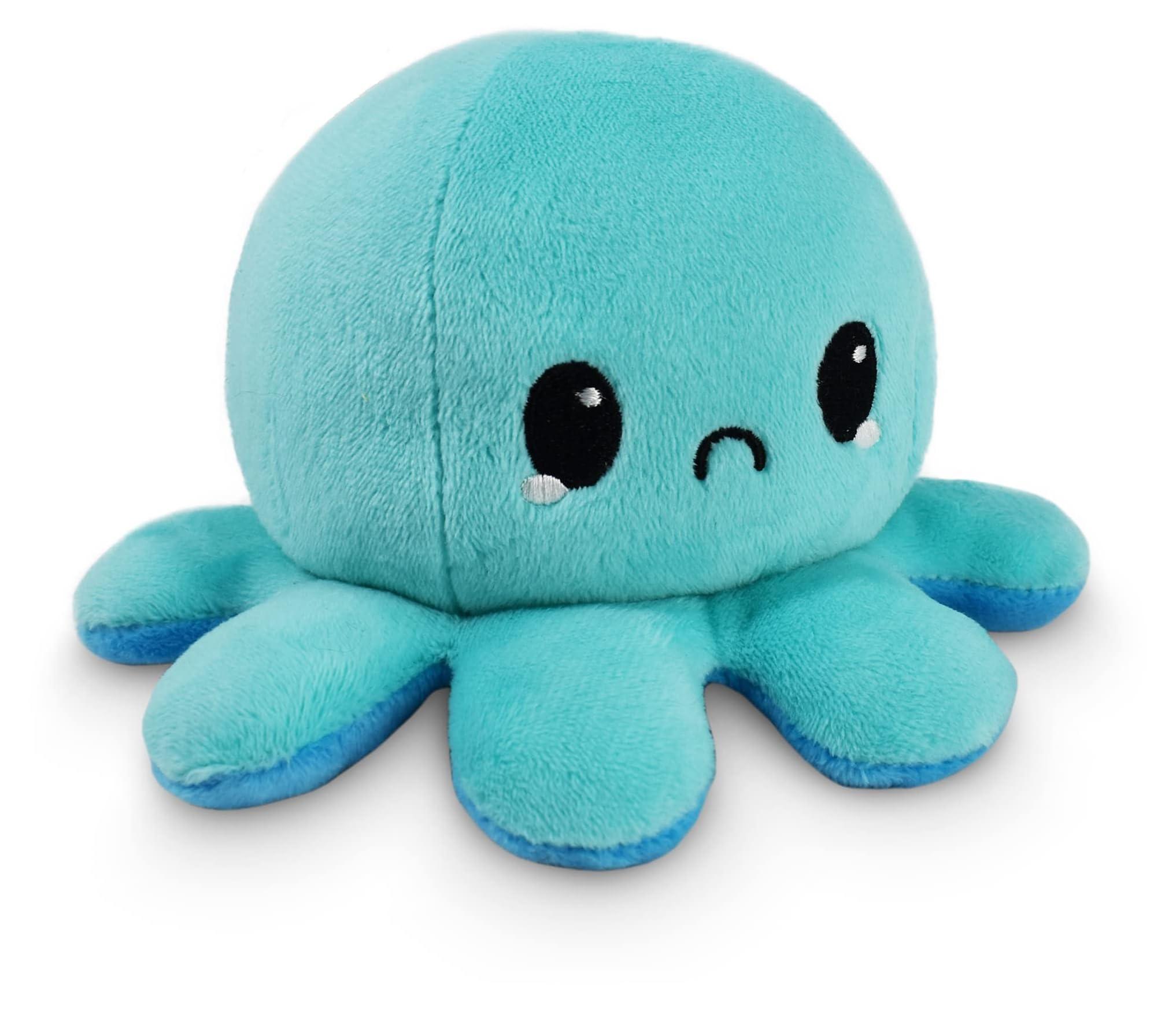 TeeTurtle TeeTurtle - The Original Reversible Octopus Plushie - Happy Blue + Sad Light Blue - Cute Sensory Fidget Stuffed Animals That Show Your Mood 4 inch