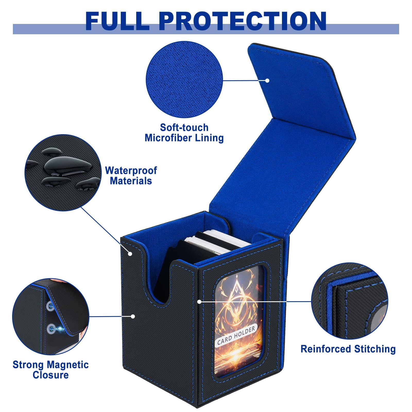 Jaffzora Jaffzora Card Deck Box for MTG Commander, Magnetic Card Display Case,TCG Card Storage Box, Holds 100 Double-Sleeved Cards, Black&Blue
