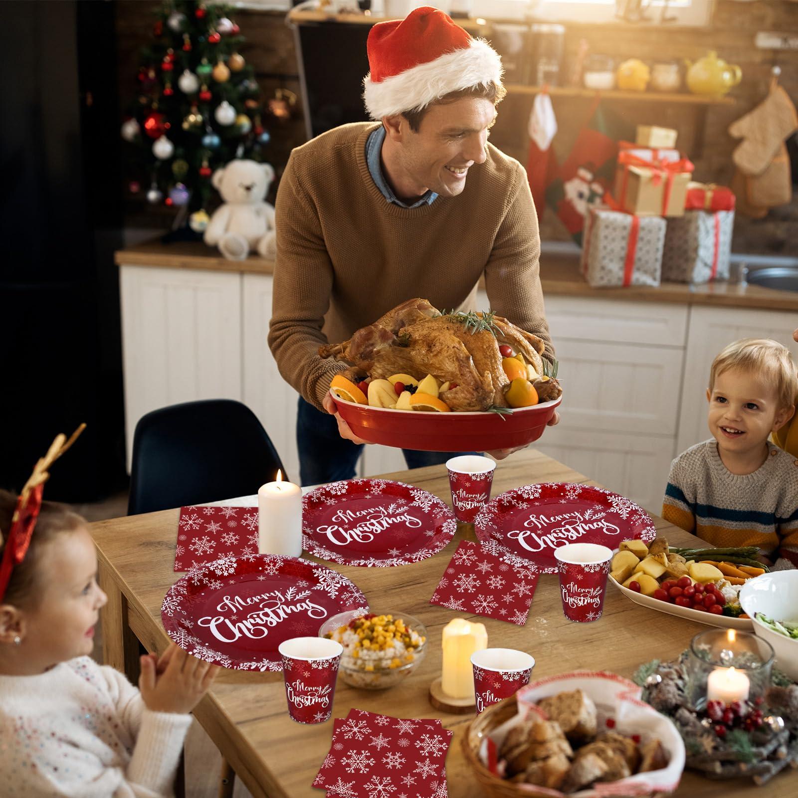 AnyDesign AnyDesign Christmas Paper Plates and Napkins 50Pcs Plates and 25Pcs Luncheon Napkins with 25Pcs Cups Red Xmas Winter Snowflake Disposable Dinner Tableware Set for Party Supply Table Decor