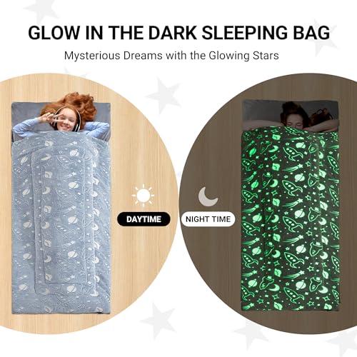 HOMBYS HOMBYS Glow in the Dark Sleeping Bags for 10~12 Years Old Kids, 84\"x30\" Soft Kids Nap Mat with Pillow and Blanket for Daycare School, Grey Travel Sleep Bag for Childern Girls Boys Truck Travel Camping