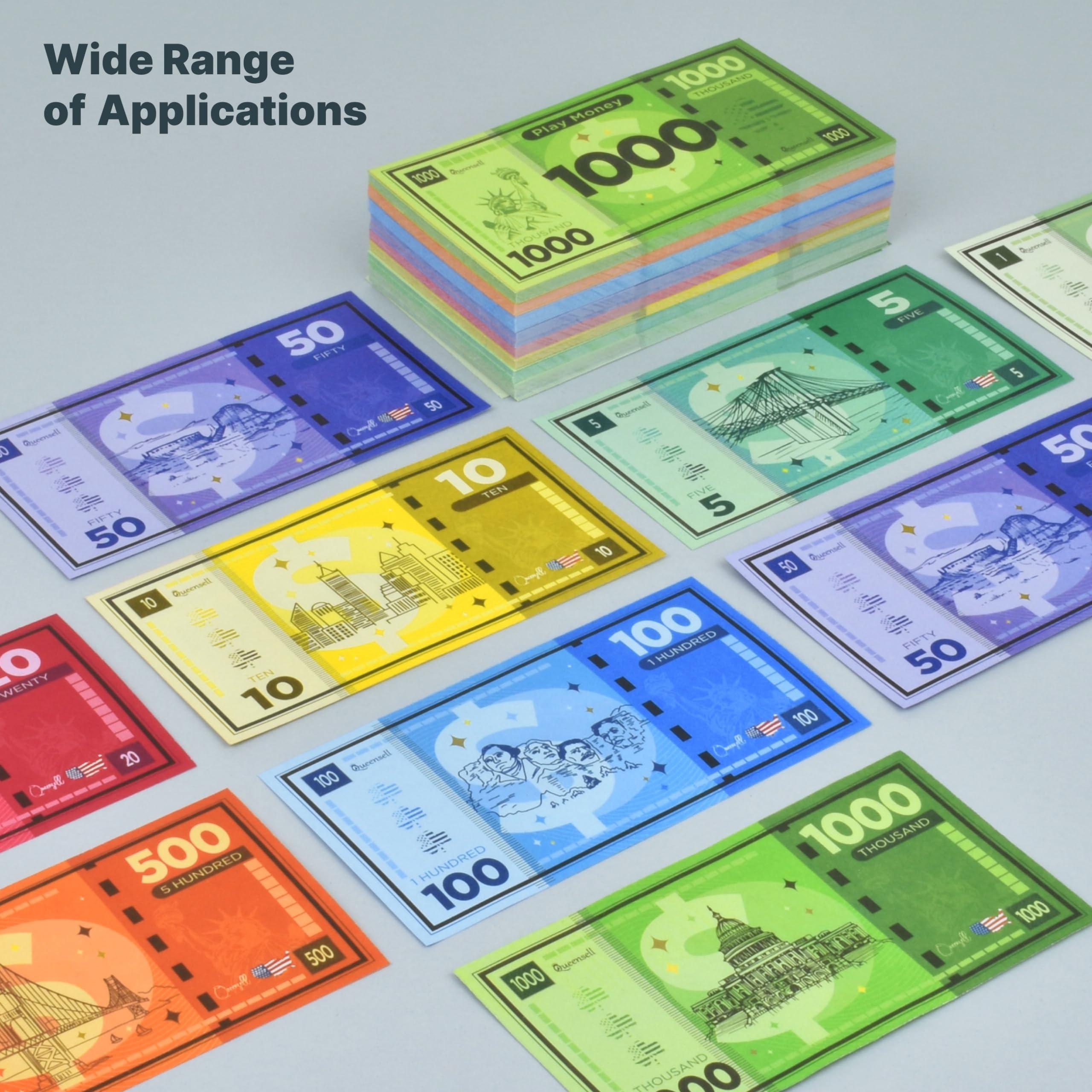 Queensell Play Money Suitable for Monopoly Board Game 480 pcs of 60 Each Bill Denomination + Mexican Train Dominoes Set with Numbers - Double 18 Dominos Set for Adults and Kids