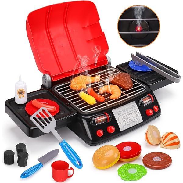 AugToy Kids Play Food Grill with Pretend Smoke Sound Light Kitchen Playset BBQ Accessories Camping Cooking Set Barbecue Toddler Girl Boy Toy 2 3 4 5 6 Year Old 4-8 Birthday Kid Toy Idea