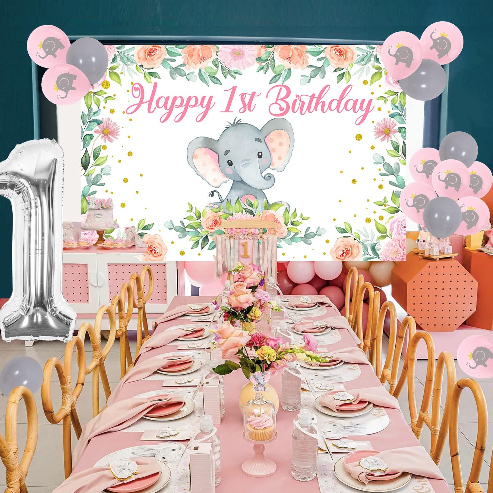 Funmemoir Elephant 1st Birthday Party Decorations Girl - Happy 1st Birthday Backdrop, Elephant One Cake Topper, Cupcake Toppers, Balloons, Pink Elephant Theme First Birthday Party Supplies